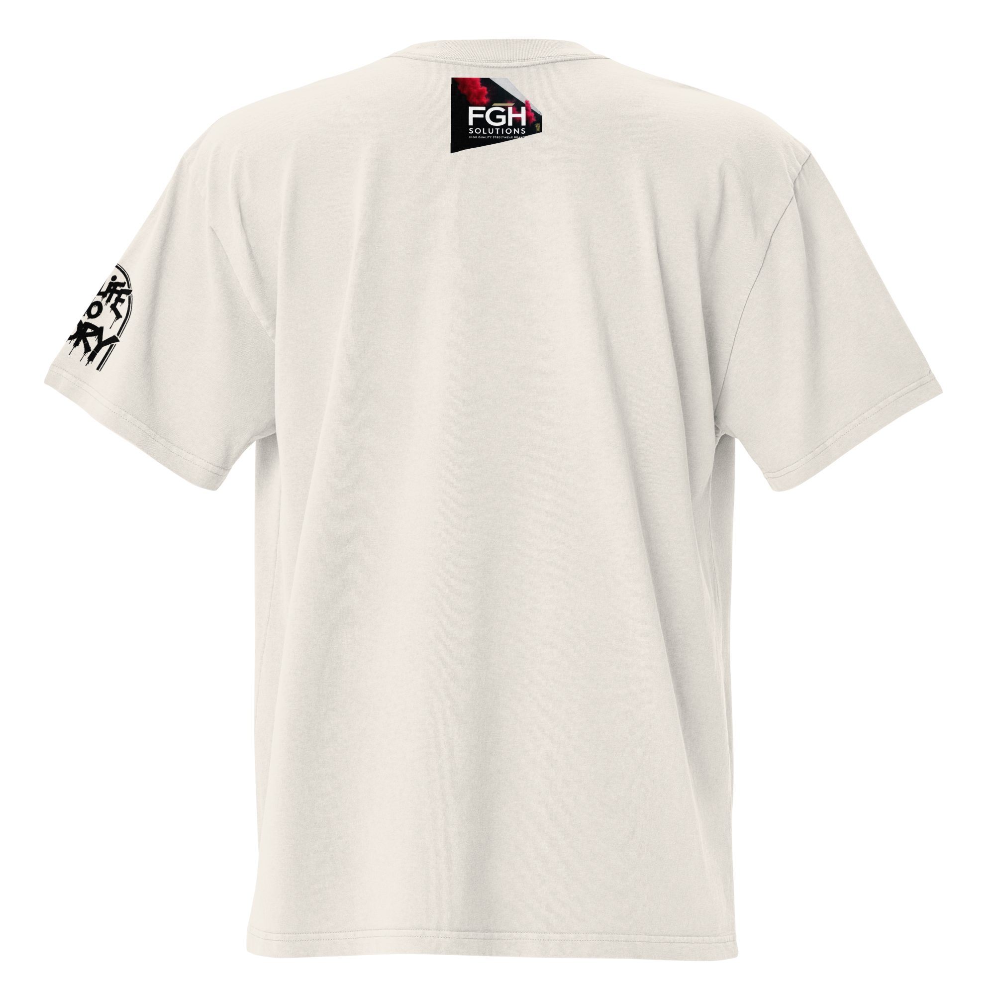 Oversized faded streetwear T-shirt with bold graffiti text “No Life No Story” printed on heavyweight cotton – urban unisex design by FGH Collective
