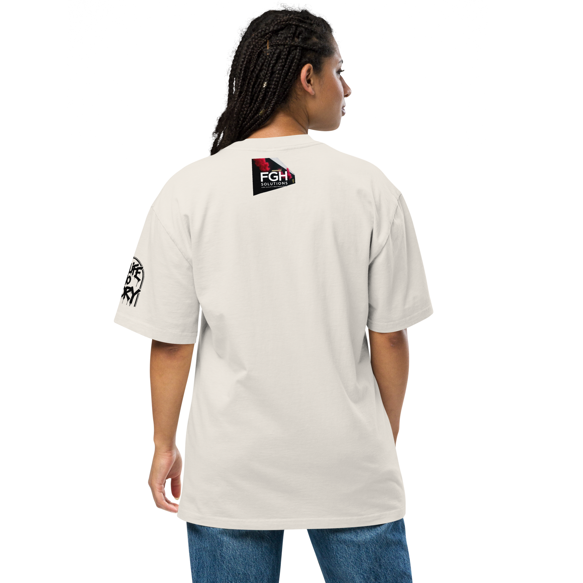 Oversized faded streetwear T-shirt with bold graffiti text “No Life No Story” printed on heavyweight cotton – urban unisex design by FGH Collective
