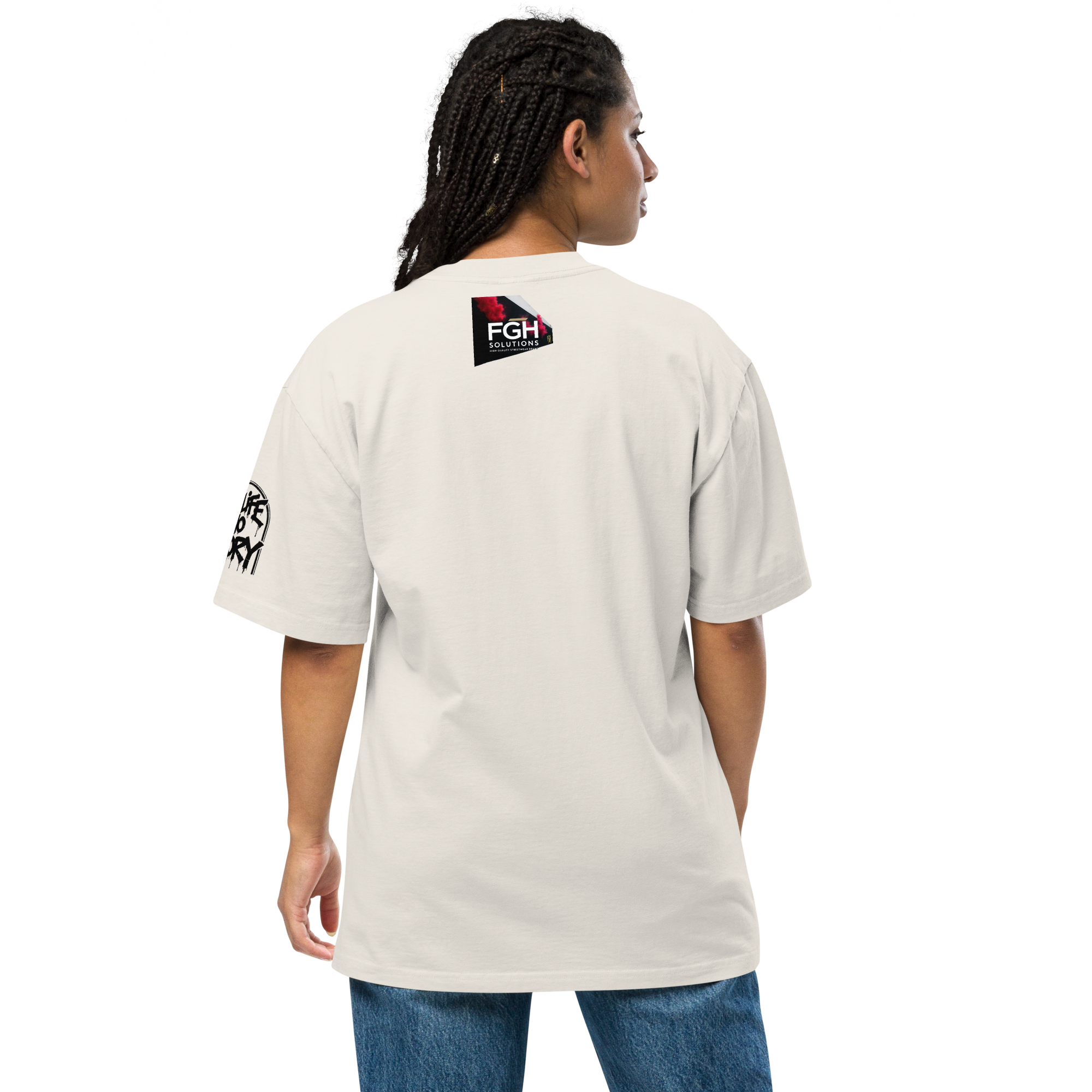 Oversized faded streetwear T-shirt with bold graffiti text “No Life No Story” printed on heavyweight cotton – urban unisex design by FGH Collective
