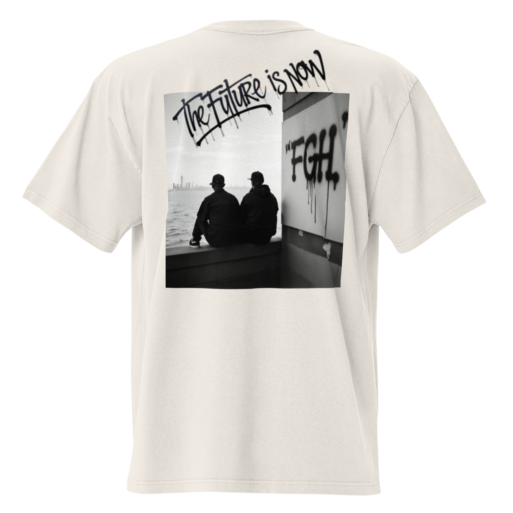 White - Beige - oversized t-shirt with bold front logo and large black-and-white backprint reading ‘THE FUTURE IS NOW’. Features close-ups of the graffiti-style typography, rear silhouette photo motif, and inner neck label. Unisex urban streetwear piece with boxy fit, dropped shoulders, and heavyweight cotton fabric.