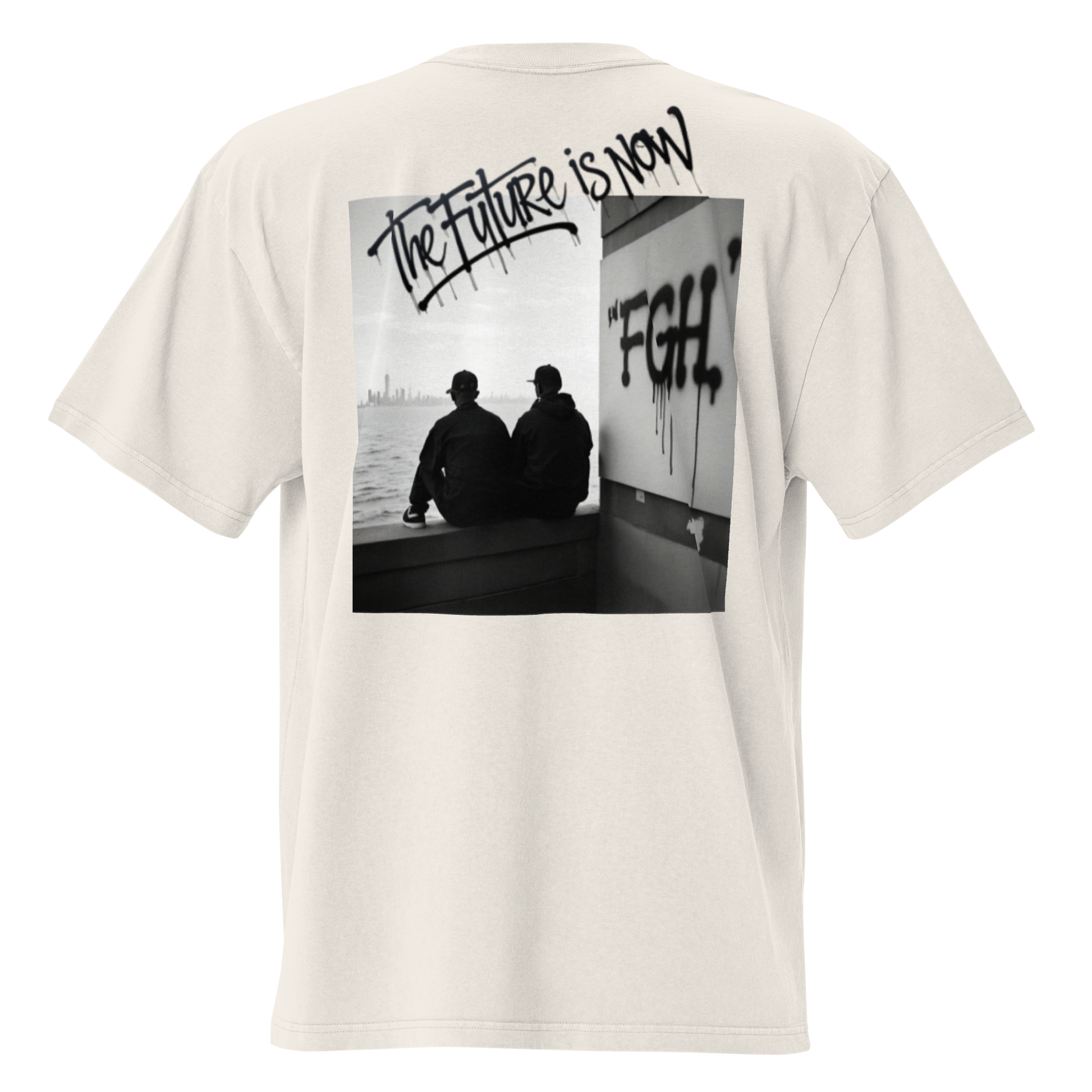 White - Beige - oversized t-shirt with bold front logo and large black-and-white backprint reading ‘THE FUTURE IS NOW’. Features close-ups of the graffiti-style typography, rear silhouette photo motif, and inner neck label. Unisex urban streetwear piece with boxy fit, dropped shoulders, and heavyweight cotton fabric.