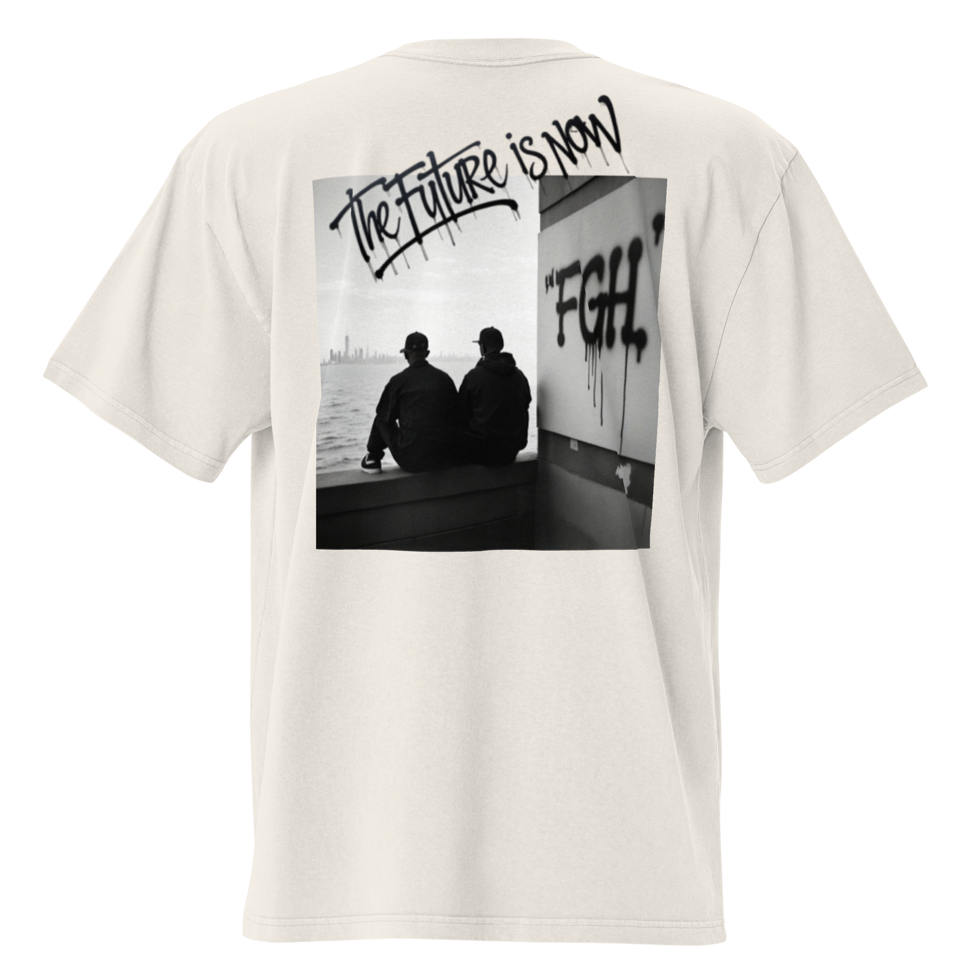 White - Beige - oversized t-shirt with bold front logo and large black-and-white backprint reading ‘THE FUTURE IS NOW’. Features close-ups of the graffiti-style typography, rear silhouette photo motif, and inner neck label. Unisex urban streetwear piece with boxy fit, dropped shoulders, and heavyweight cotton fabric.