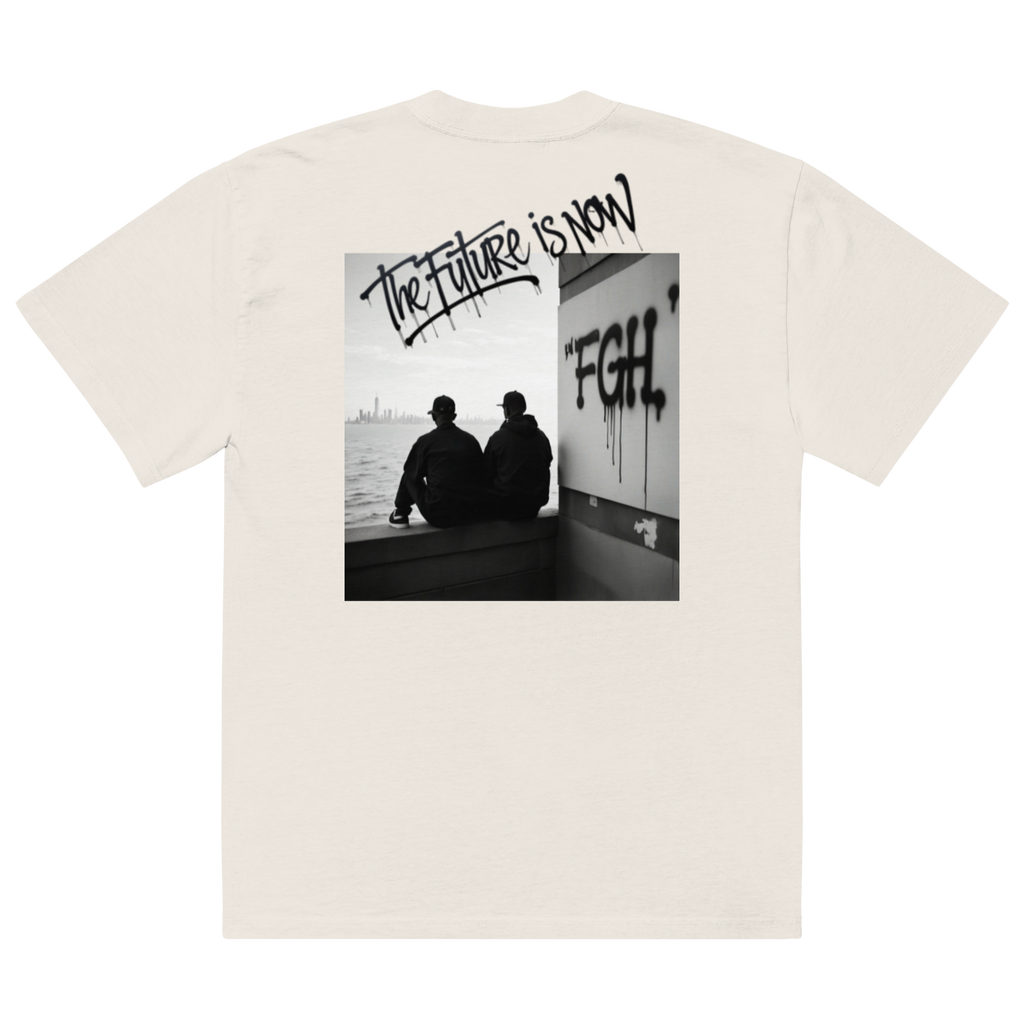 White - Beige - oversized t-shirt with bold front logo and large black-and-white backprint reading ‘THE FUTURE IS NOW’. Features close-ups of the graffiti-style typography, rear silhouette photo motif, and inner neck label. Unisex urban streetwear piece with boxy fit, dropped shoulders, and heavyweight cotton fabric.