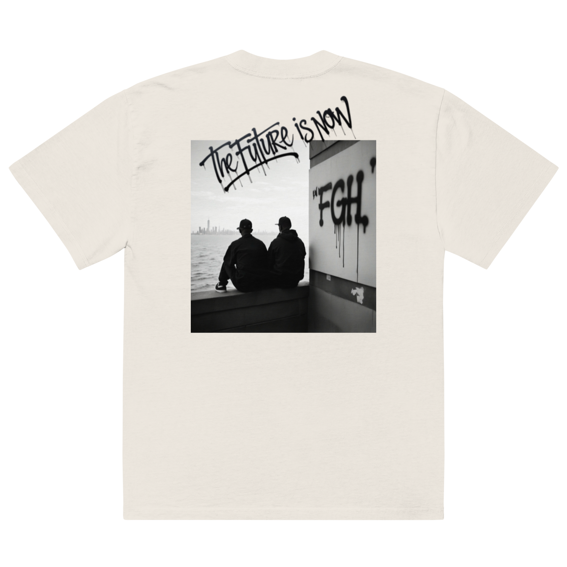 White - Beige - oversized t-shirt with bold front logo and large black-and-white backprint reading ‘THE FUTURE IS NOW’. Features close-ups of the graffiti-style typography, rear silhouette photo motif, and inner neck label. Unisex urban streetwear piece with boxy fit, dropped shoulders, and heavyweight cotton fabric.