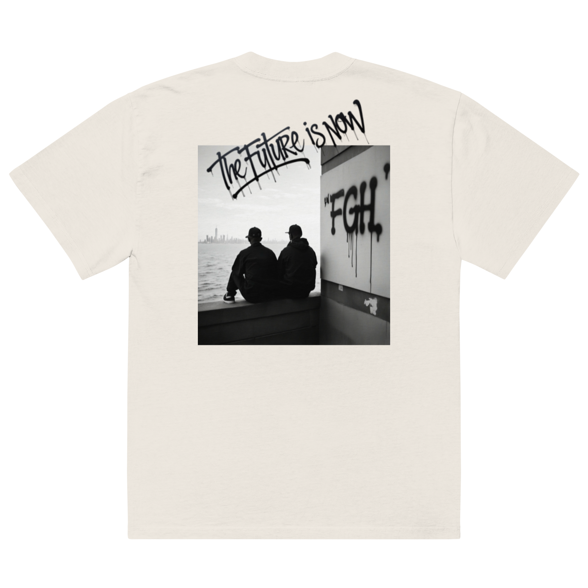White - Beige - oversized t-shirt with bold front logo and large black-and-white backprint reading ‘THE FUTURE IS NOW’. Features close-ups of the graffiti-style typography, rear silhouette photo motif, and inner neck label. Unisex urban streetwear piece with boxy fit, dropped shoulders, and heavyweight cotton fabric.