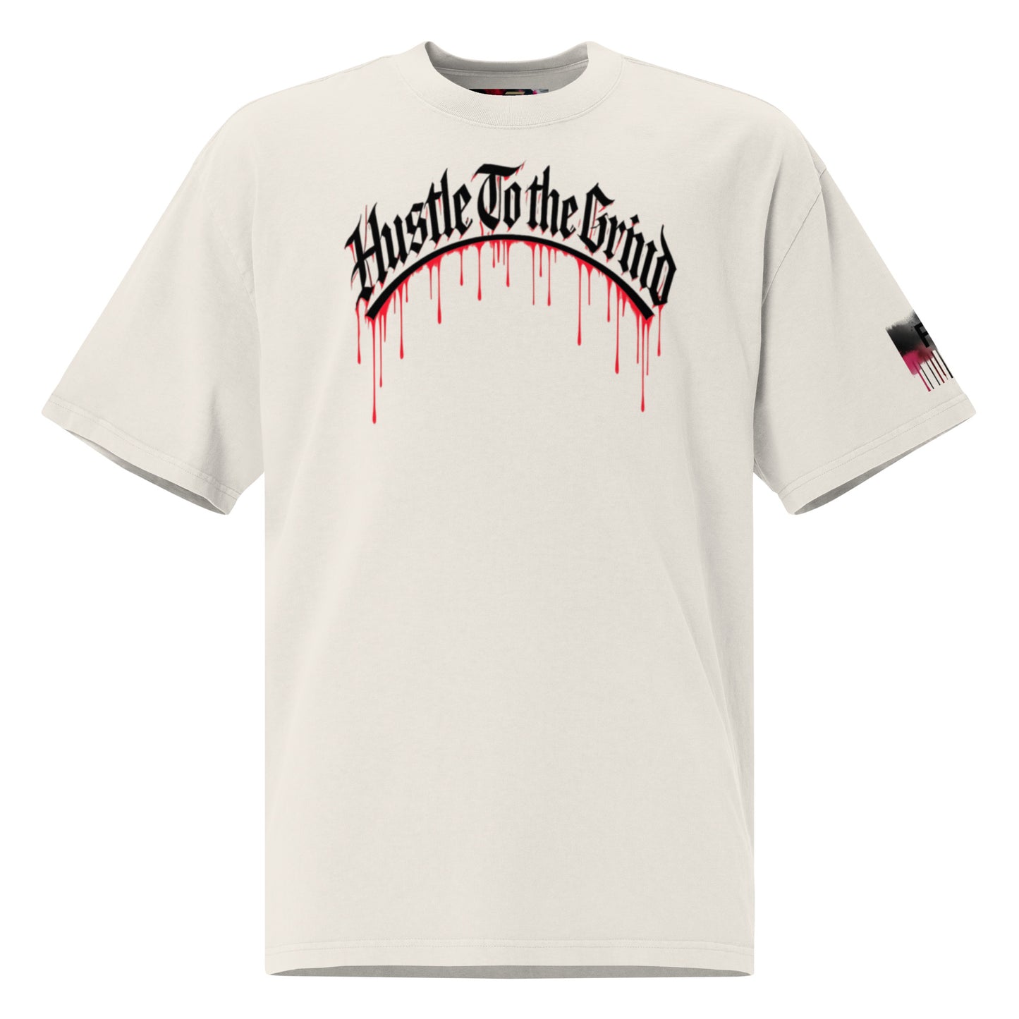 Oversized unisex “Hustle To the Grind” T-shirt in faded white, showcasing urban graffiti streetwear design.