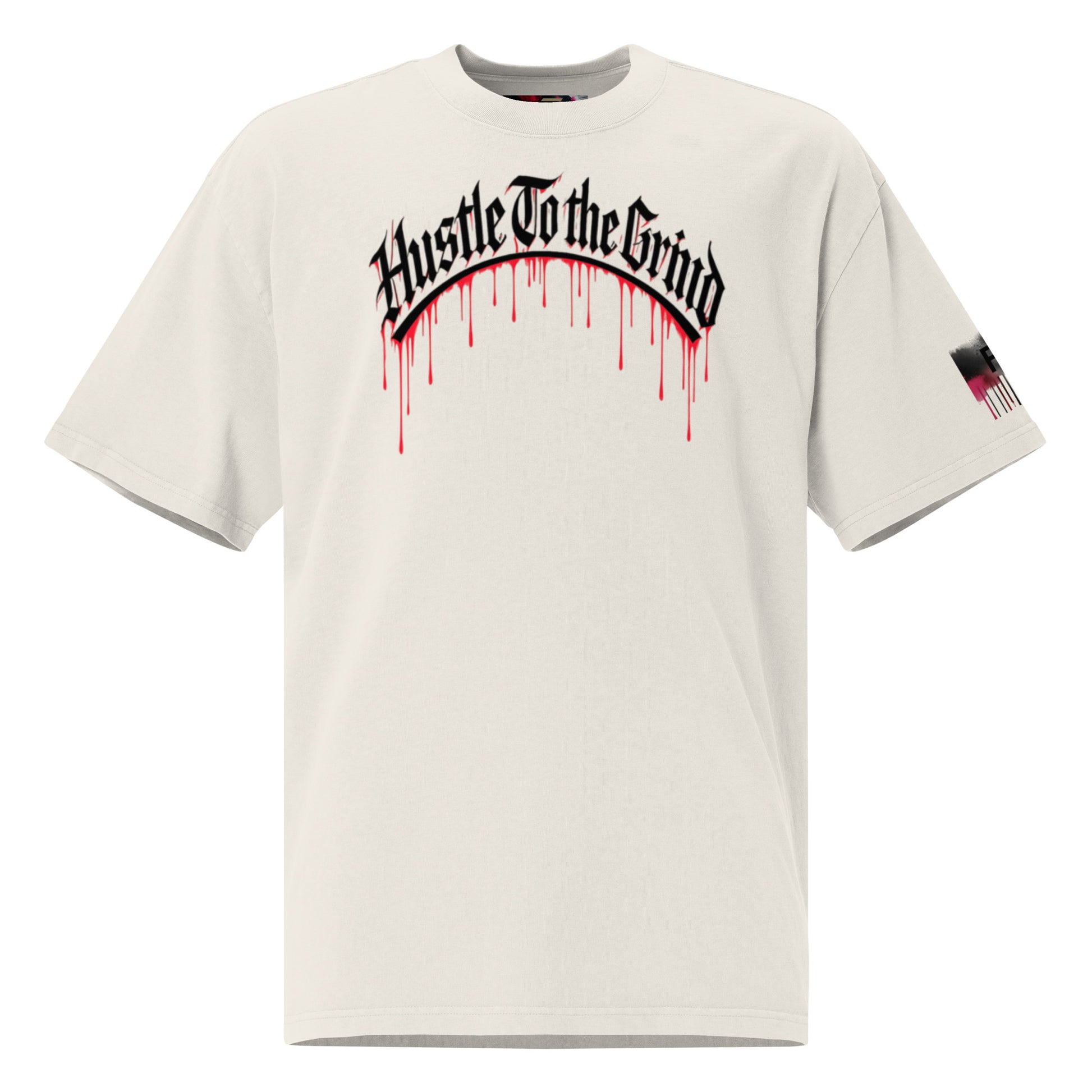Oversized unisex “Hustle To the Grind” T-shirt in faded white, showcasing urban graffiti streetwear design.