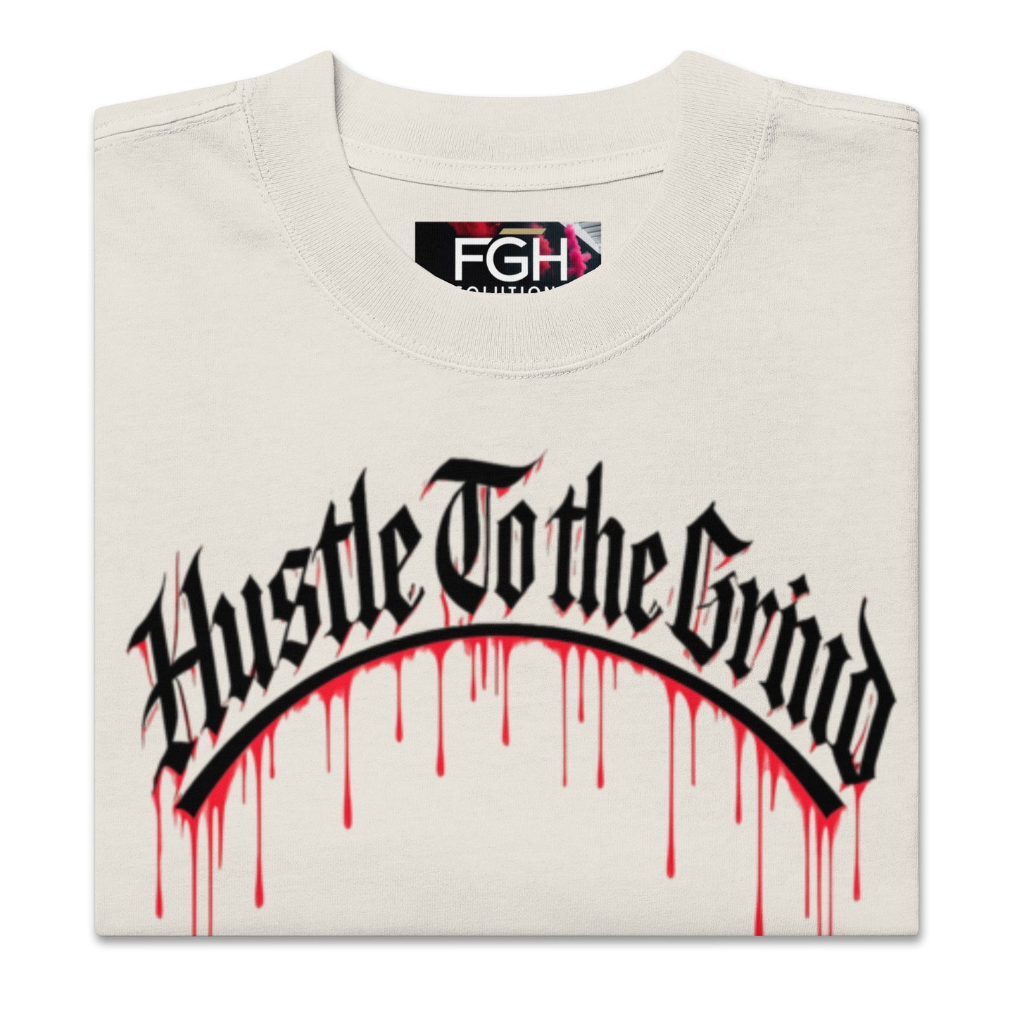 Oversized unisex “Hustle To the Grind” T-shirt in faded white, showcasing urban graffiti streetwear design.