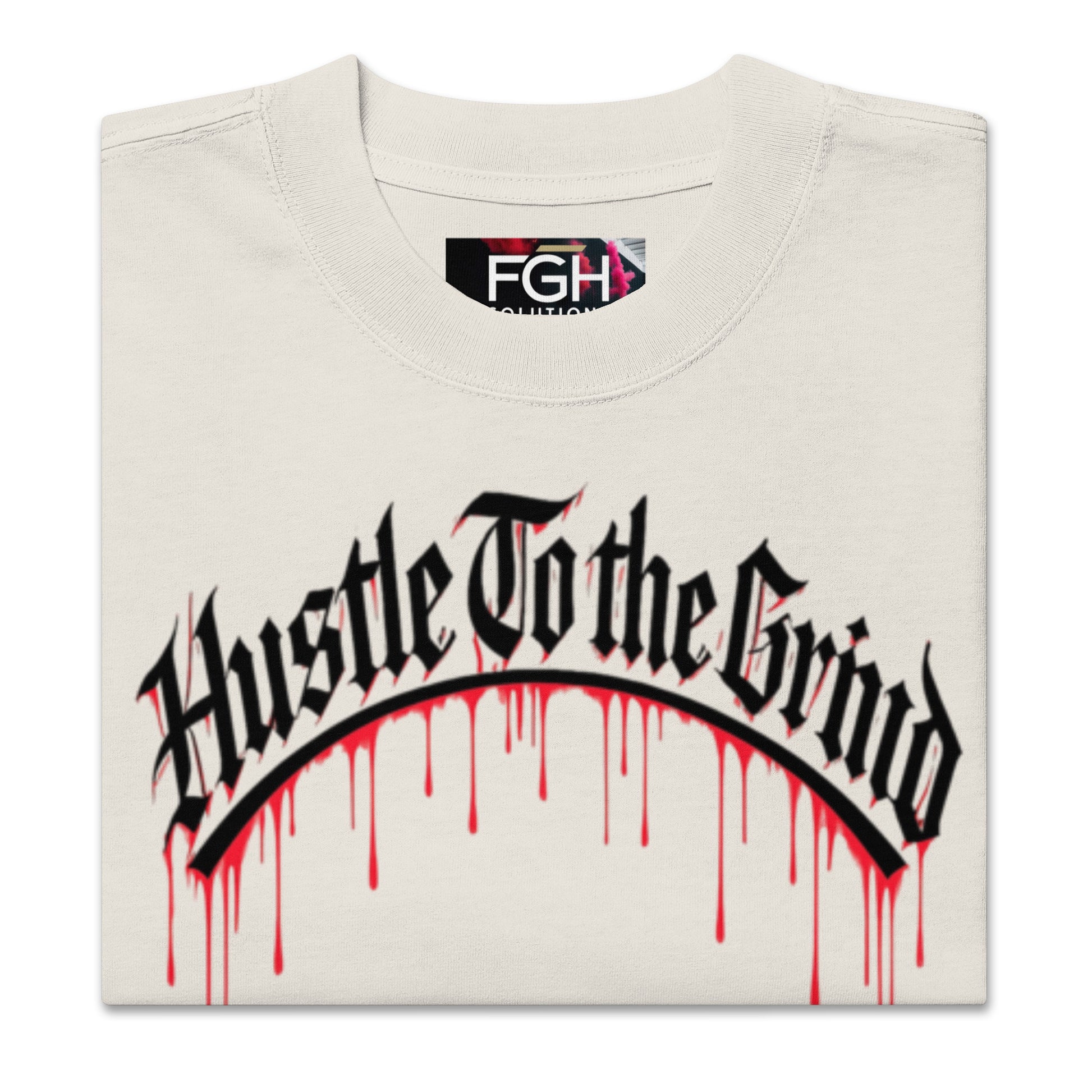 Oversized unisex “Hustle To the Grind” T-shirt in faded white, showcasing urban graffiti streetwear design.