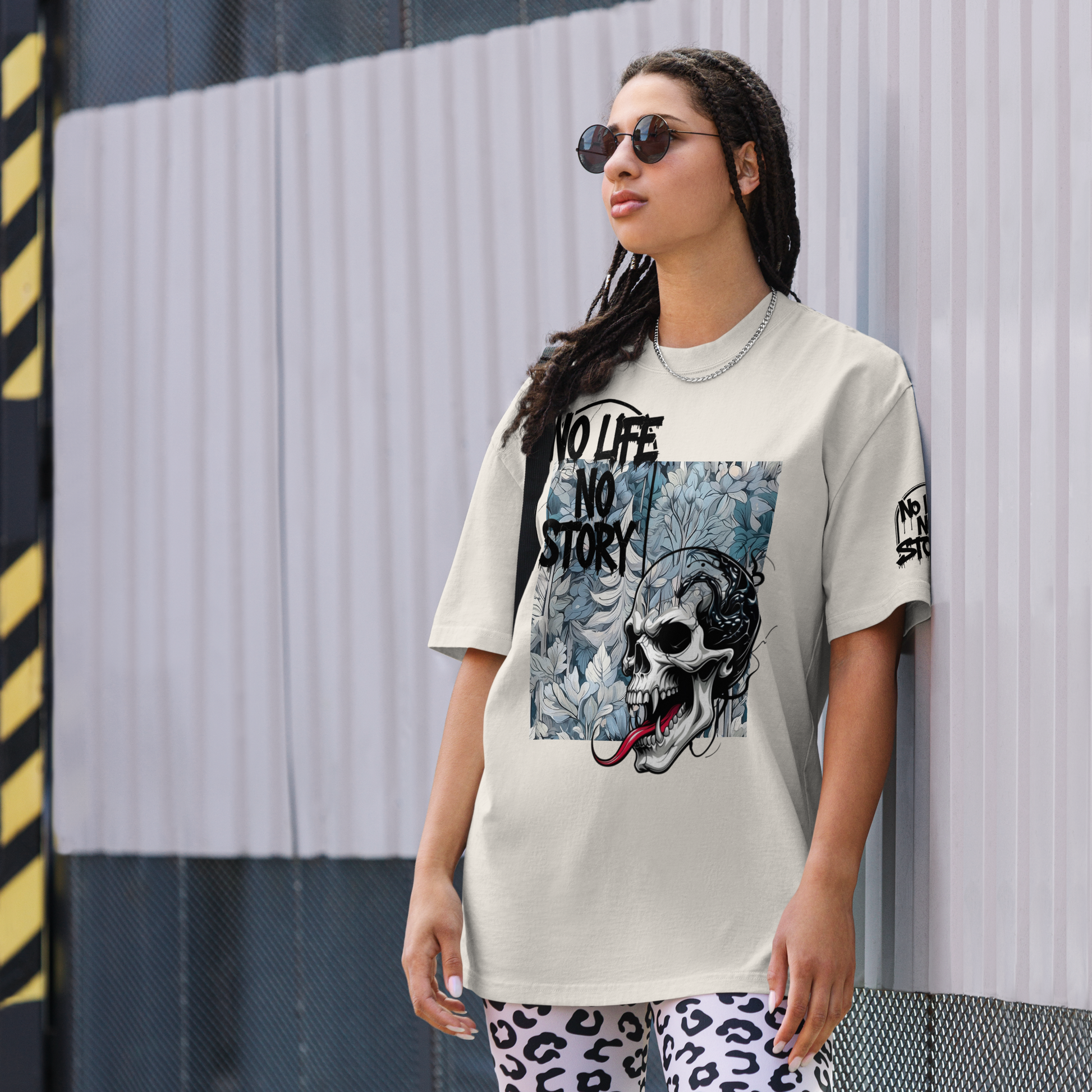 Oversized faded streetwear T-shirt with bold graffiti text “No Life No Story” printed on heavyweight cotton – urban unisex design by FGH Collective
