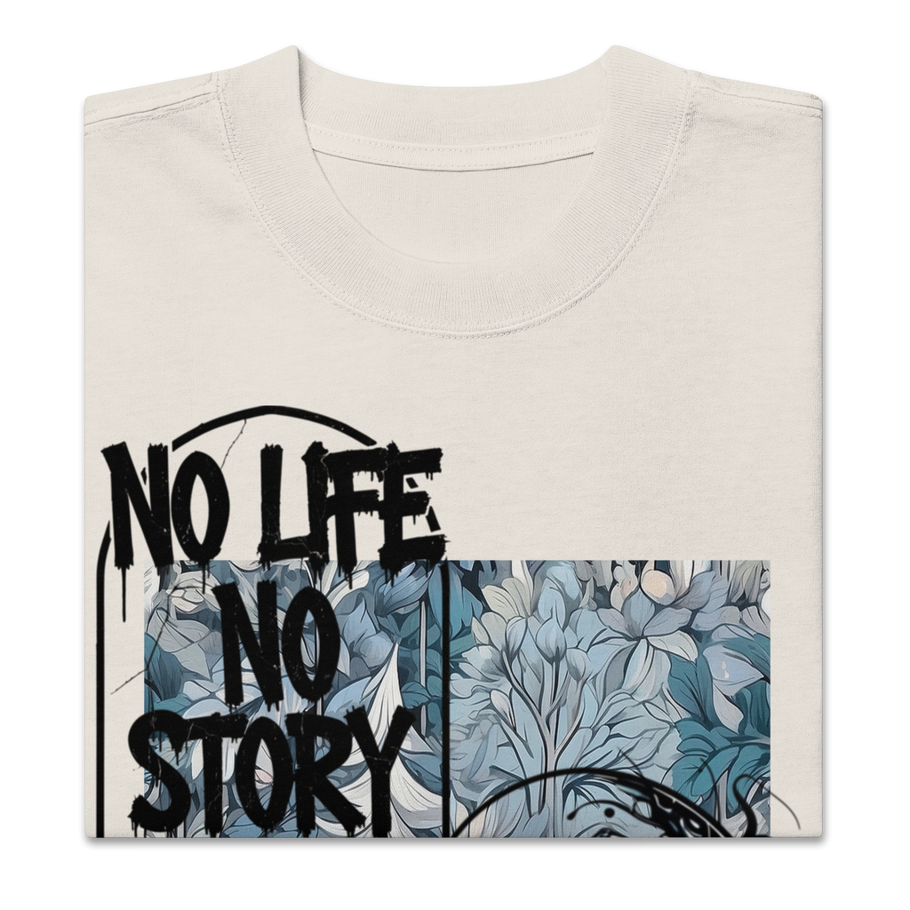 Oversized faded streetwear T-shirt with bold graffiti text “No Life No Story” printed on heavyweight cotton – urban unisex design by FGH Collective
