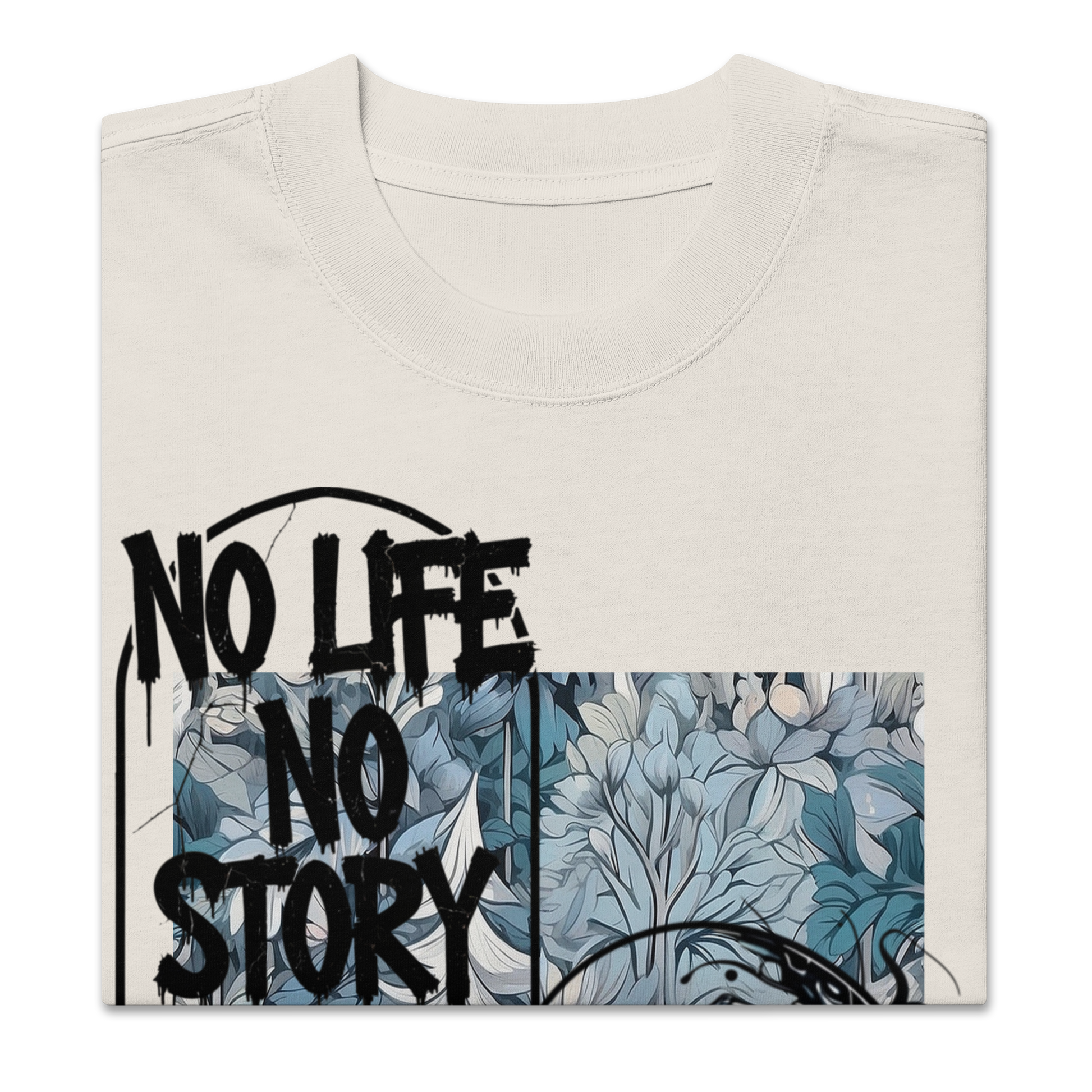 Oversized faded streetwear T-shirt with bold graffiti text “No Life No Story” printed on heavyweight cotton – urban unisex design by FGH Collective
