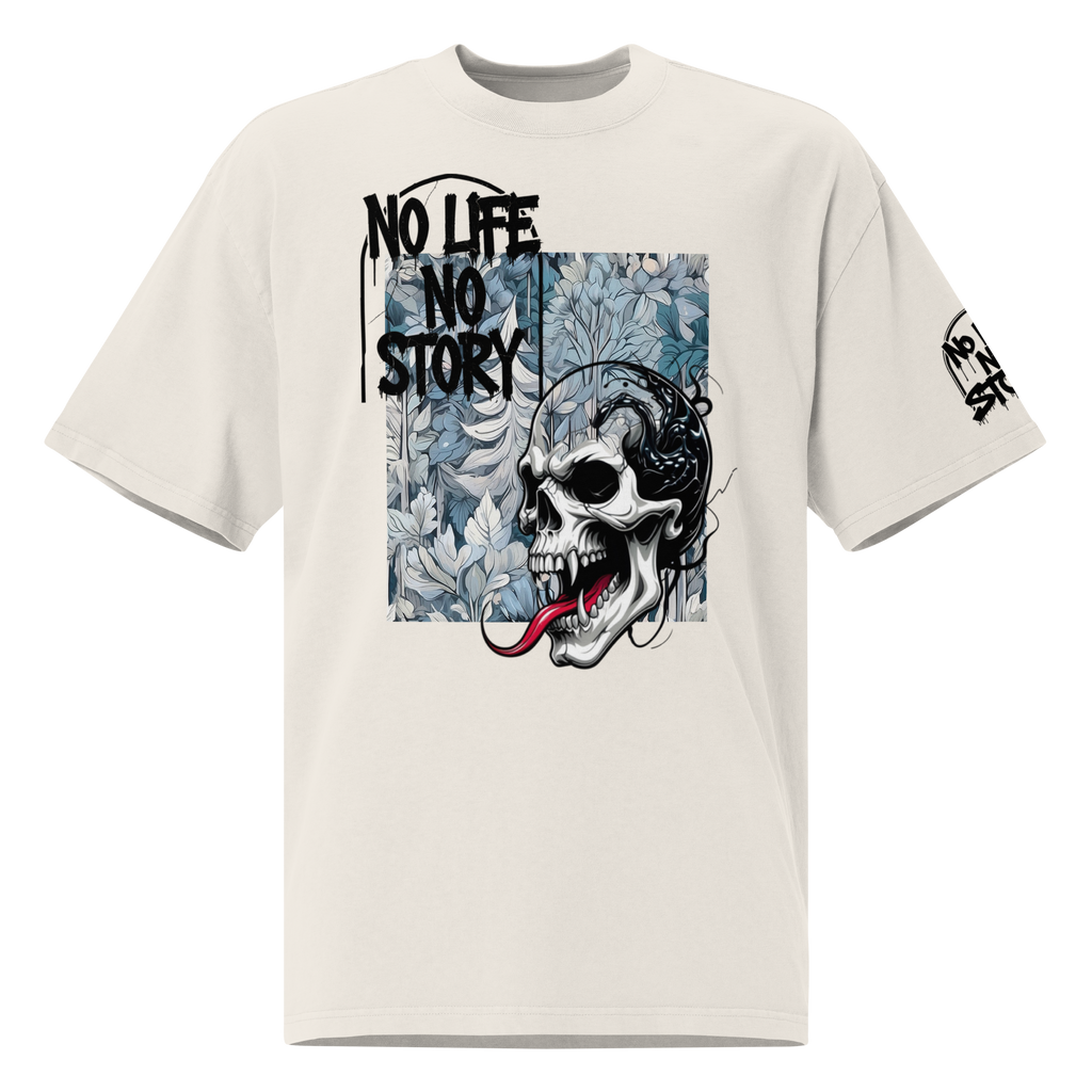 Oversized faded streetwear T-shirt with bold graffiti text “No Life No Story” printed on heavyweight cotton – urban unisex design by FGH Collective
