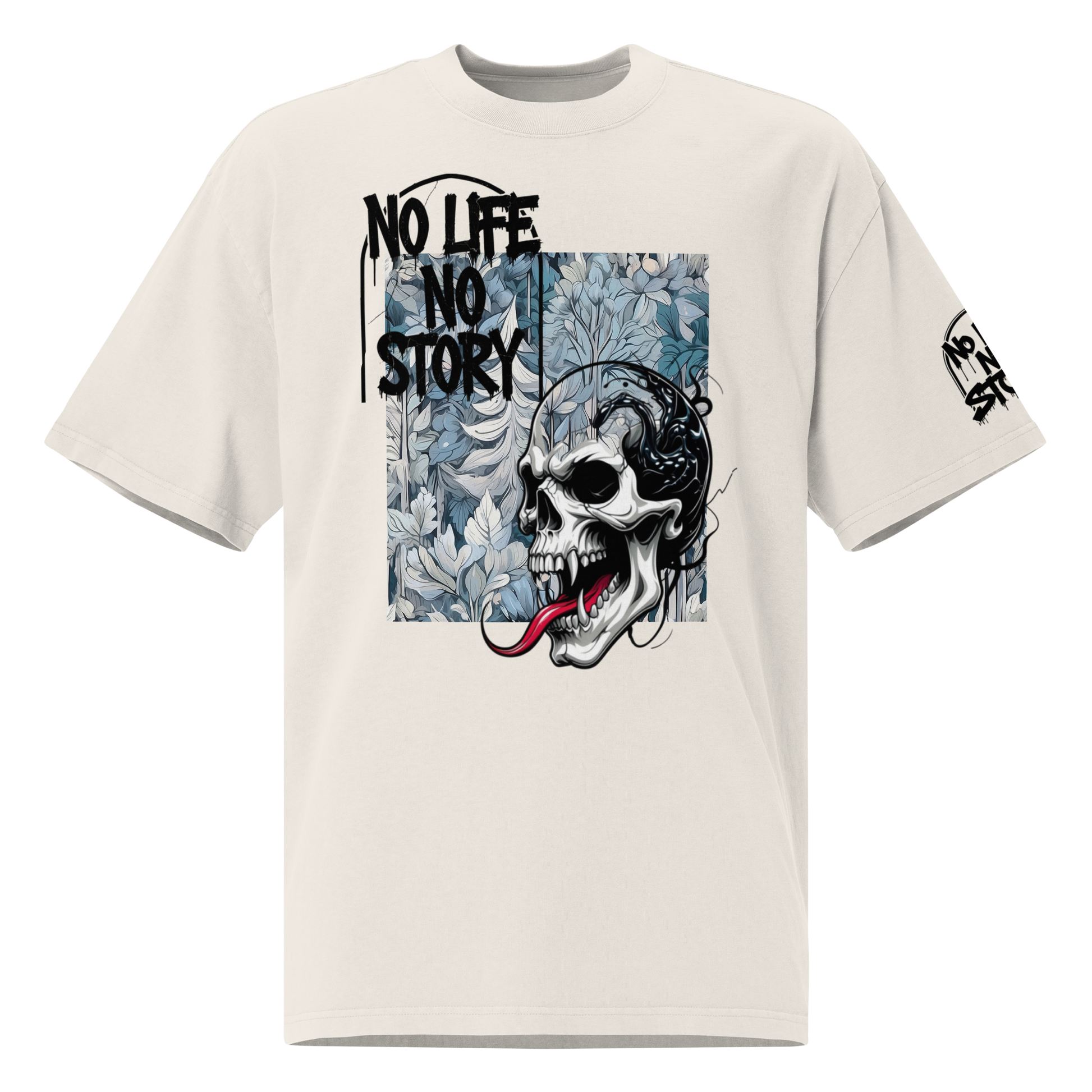 Oversized faded streetwear T-shirt with bold graffiti text “No Life No Story” printed on heavyweight cotton – urban unisex design by FGH Collective
