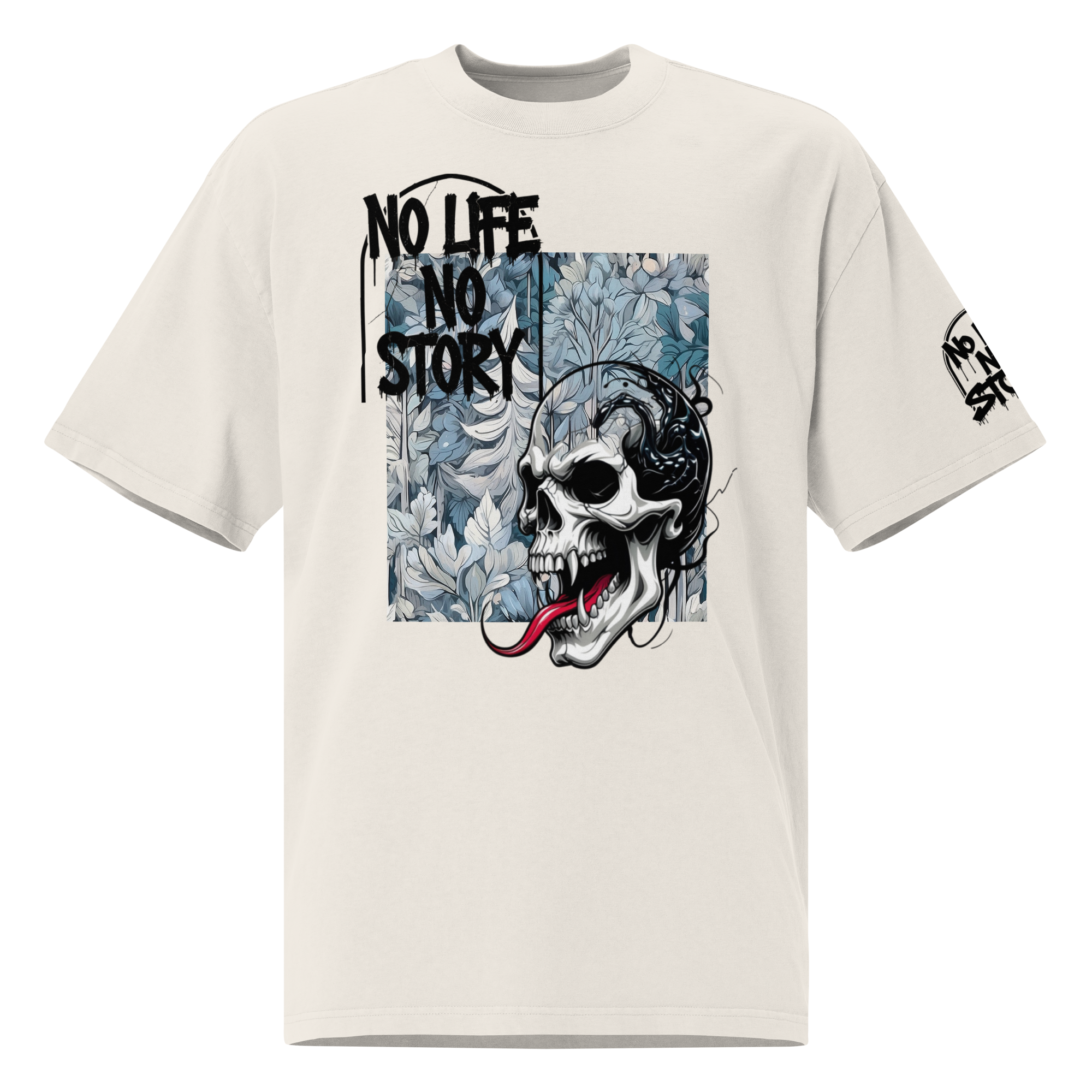 Oversized faded streetwear T-shirt with bold graffiti text “No Life No Story” printed on heavyweight cotton – urban unisex design by FGH Collective
