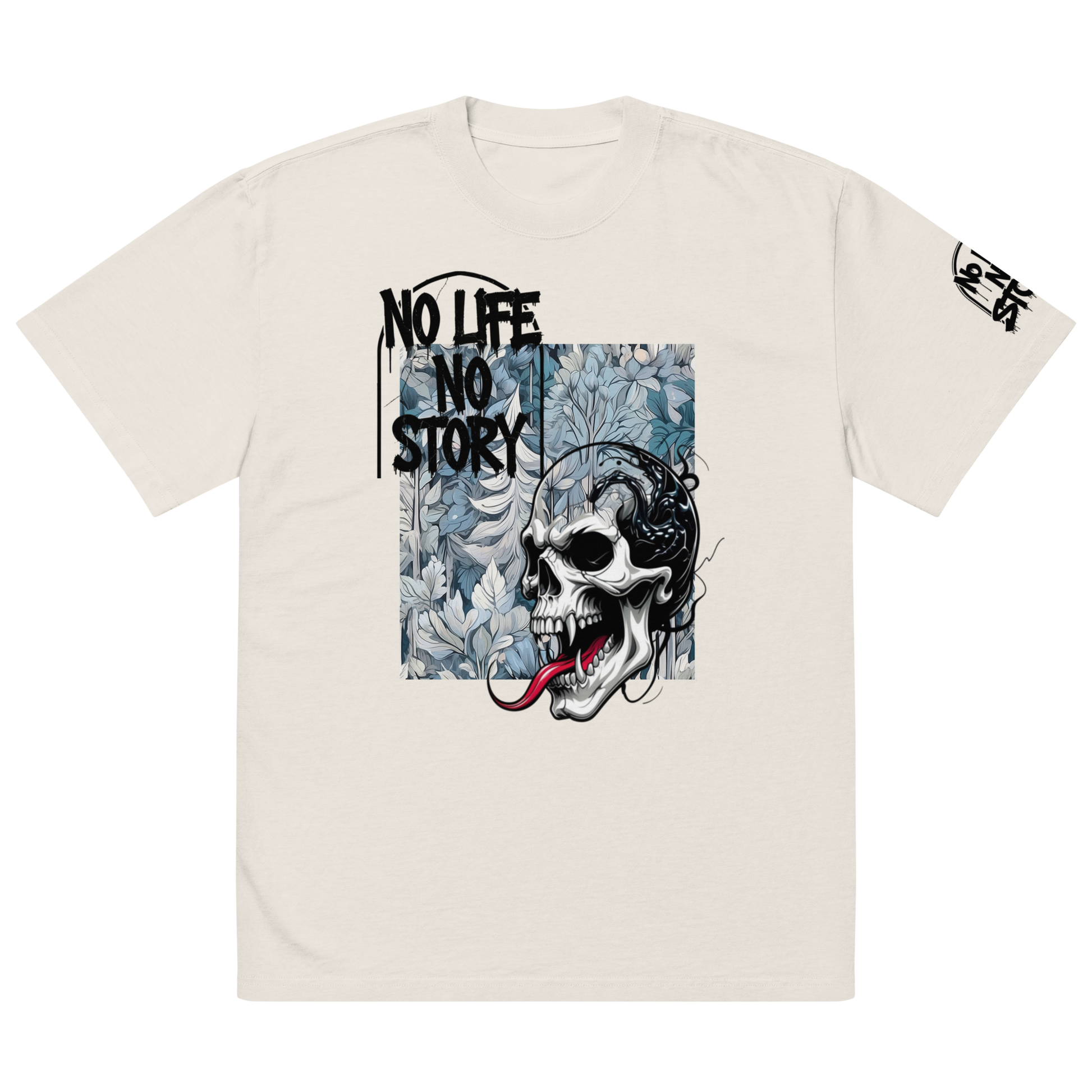 Oversized faded streetwear T-shirt with bold graffiti text “No Life No Story” printed on heavyweight cotton – urban unisex design by FGH Collective
