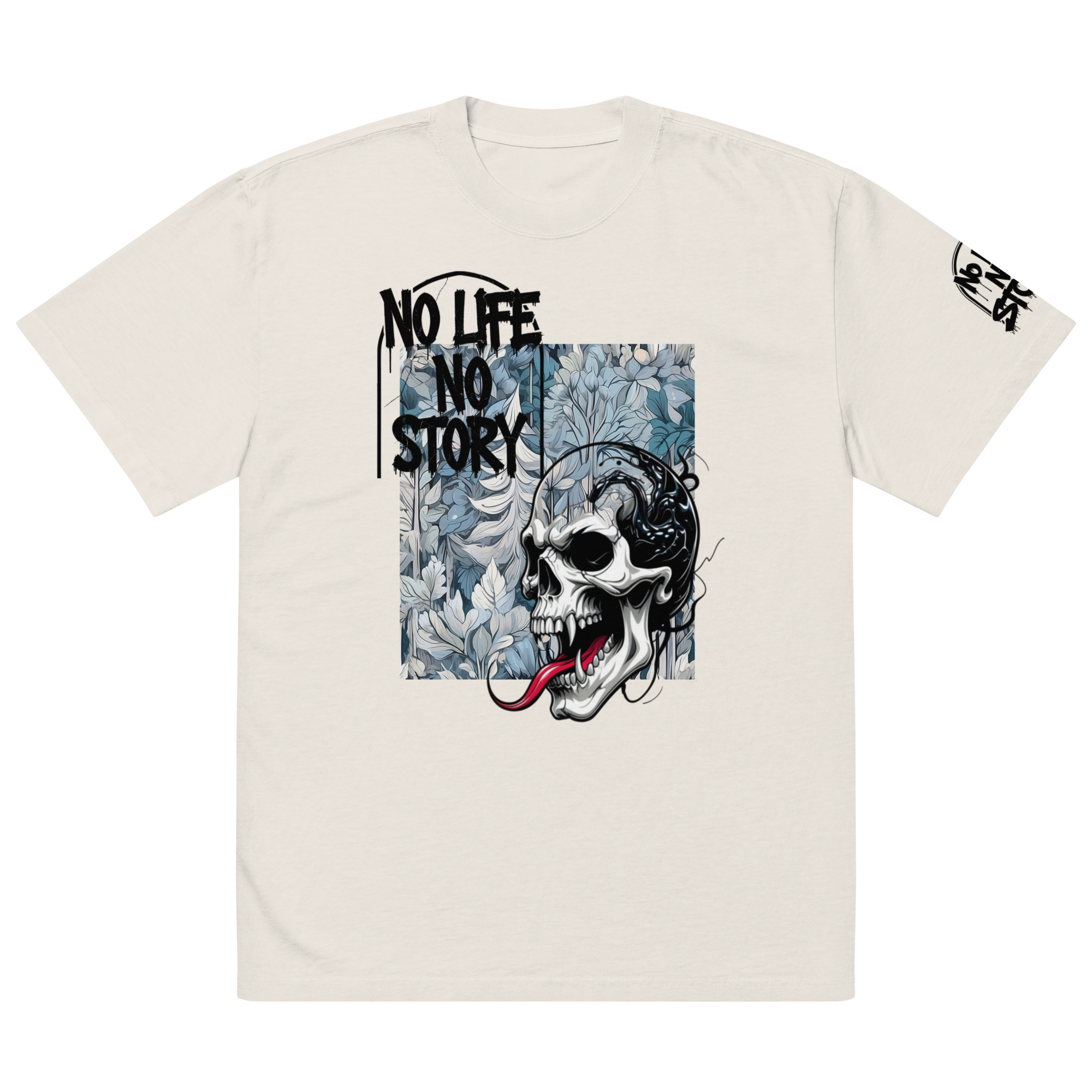 Oversized faded streetwear T-shirt with bold graffiti text “No Life No Story” printed on heavyweight cotton – urban unisex design by FGH Collective
