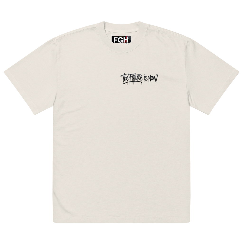White - Beige - oversized t-shirt with bold front logo and large black-and-white backprint reading ‘THE FUTURE IS NOW’. Features close-ups of the graffiti-style typography, rear silhouette photo motif, and inner neck label. Unisex urban streetwear piece with boxy fit, dropped shoulders, and heavyweight cotton fabric.