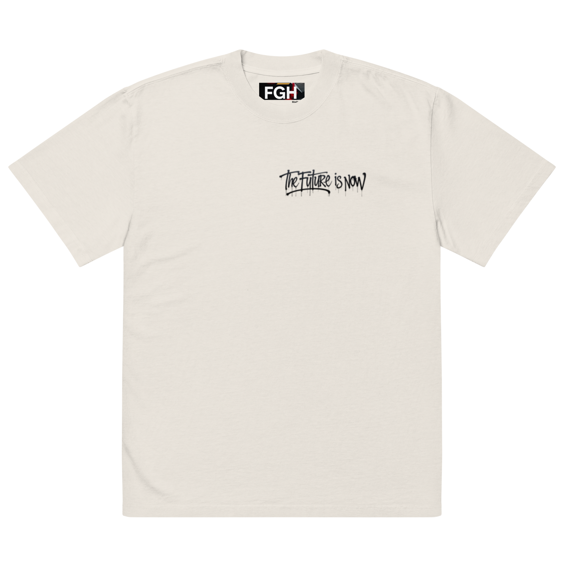 White - Beige - oversized t-shirt with bold front logo and large black-and-white backprint reading ‘THE FUTURE IS NOW’. Features close-ups of the graffiti-style typography, rear silhouette photo motif, and inner neck label. Unisex urban streetwear piece with boxy fit, dropped shoulders, and heavyweight cotton fabric.