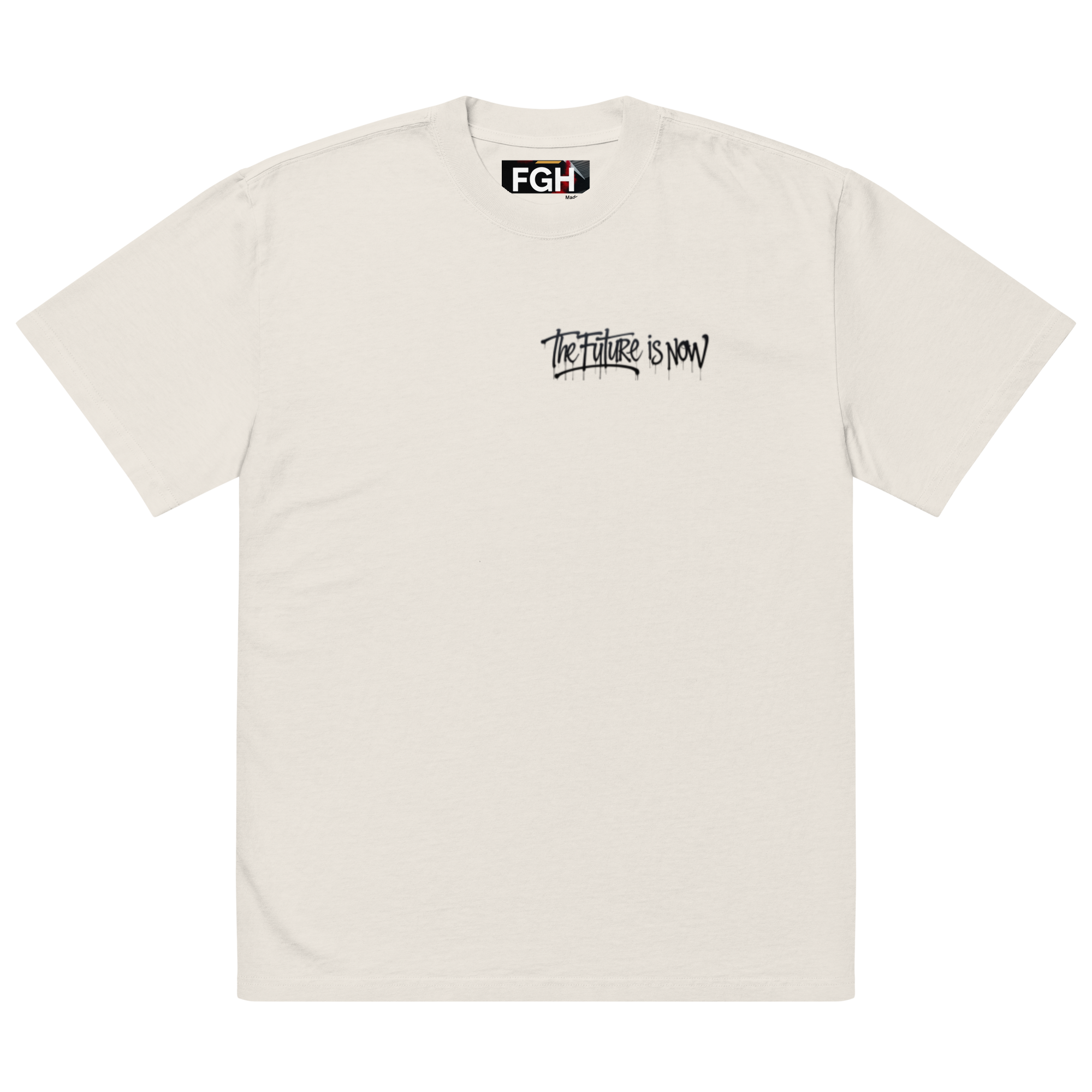 White - Beige - oversized t-shirt with bold front logo and large black-and-white backprint reading ‘THE FUTURE IS NOW’. Features close-ups of the graffiti-style typography, rear silhouette photo motif, and inner neck label. Unisex urban streetwear piece with boxy fit, dropped shoulders, and heavyweight cotton fabric.