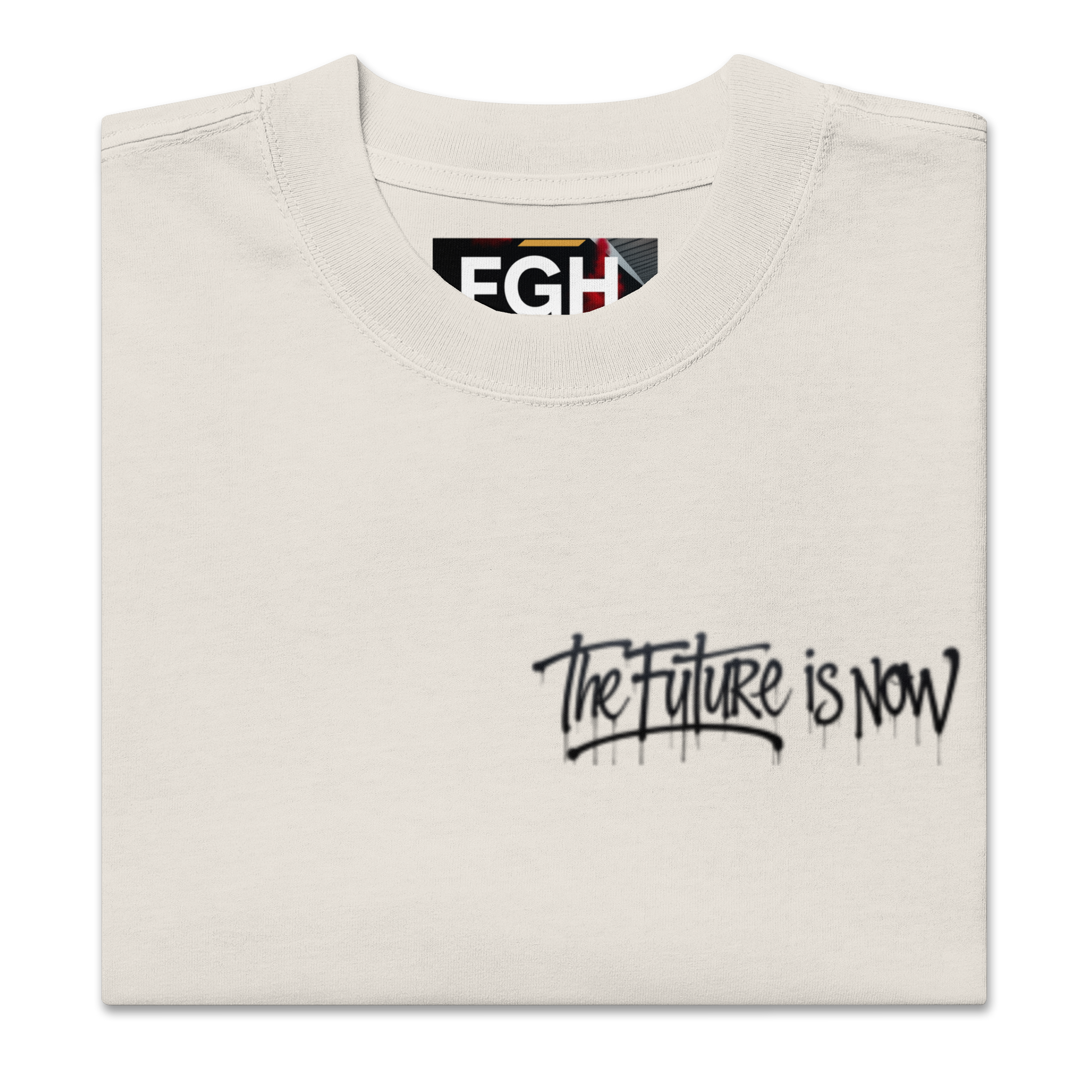 White - Beige - oversized t-shirt with bold front logo and large black-and-white backprint reading ‘THE FUTURE IS NOW’. Features close-ups of the graffiti-style typography, rear silhouette photo motif, and inner neck label. Unisex urban streetwear piece with boxy fit, dropped shoulders, and heavyweight cotton fabric.