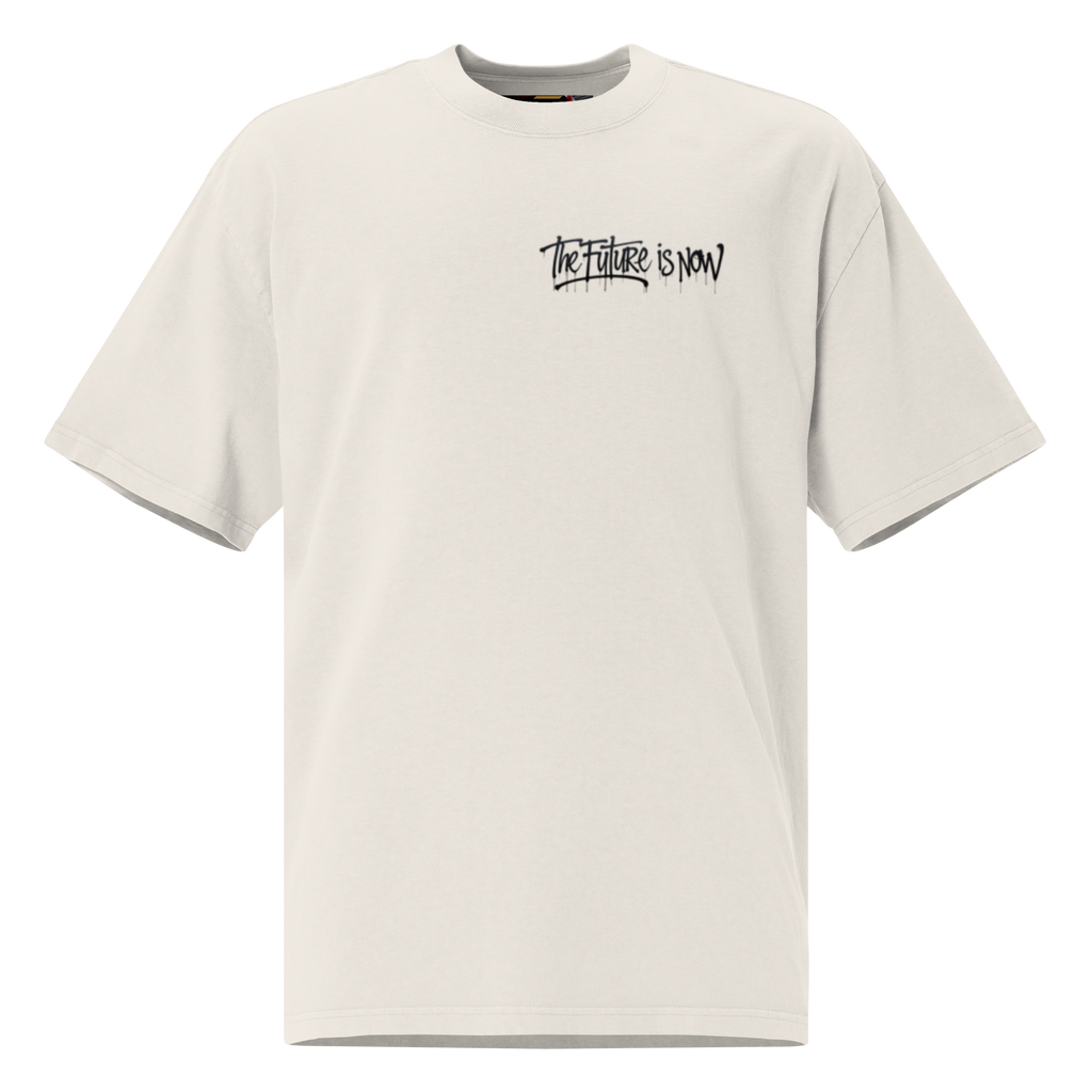 White - Beige - oversized t-shirt with bold front logo and large black-and-white backprint reading ‘THE FUTURE IS NOW’. Features close-ups of the graffiti-style typography, rear silhouette photo motif, and inner neck label. Unisex urban streetwear piece with boxy fit, dropped shoulders, and heavyweight cotton fabric.