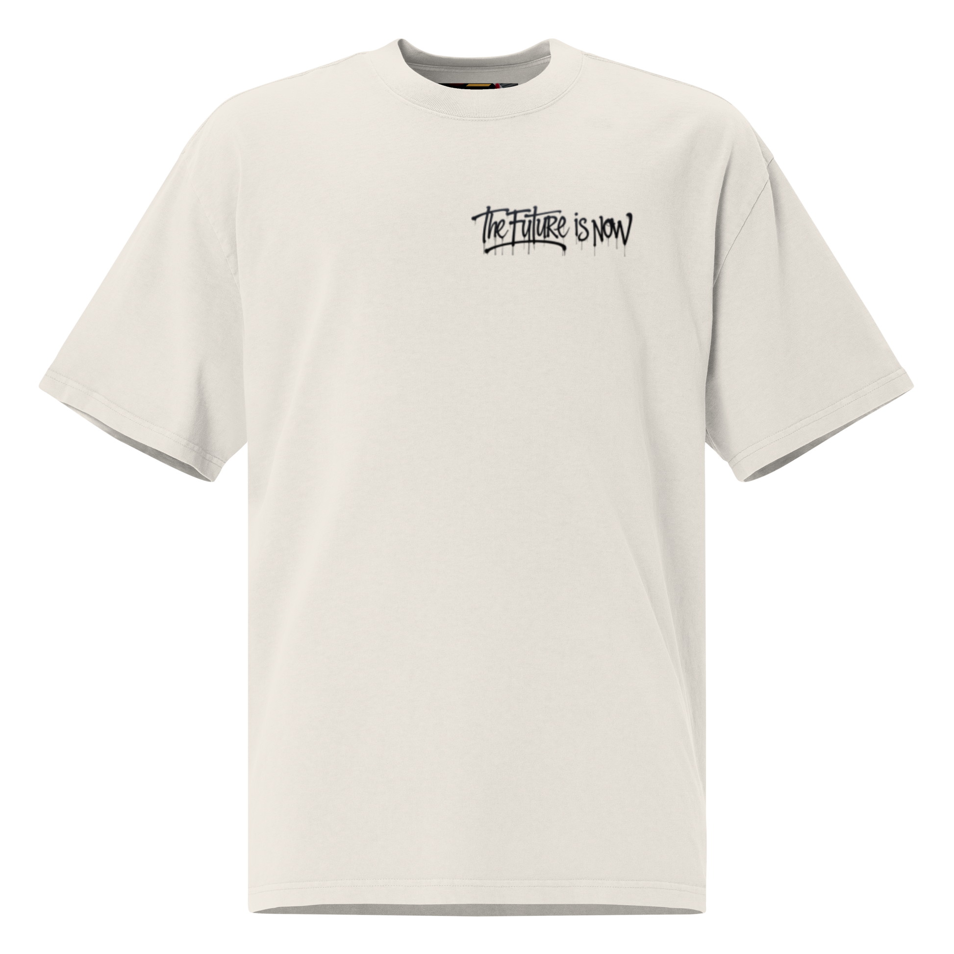 White - Beige - oversized t-shirt with bold front logo and large black-and-white backprint reading ‘THE FUTURE IS NOW’. Features close-ups of the graffiti-style typography, rear silhouette photo motif, and inner neck label. Unisex urban streetwear piece with boxy fit, dropped shoulders, and heavyweight cotton fabric.