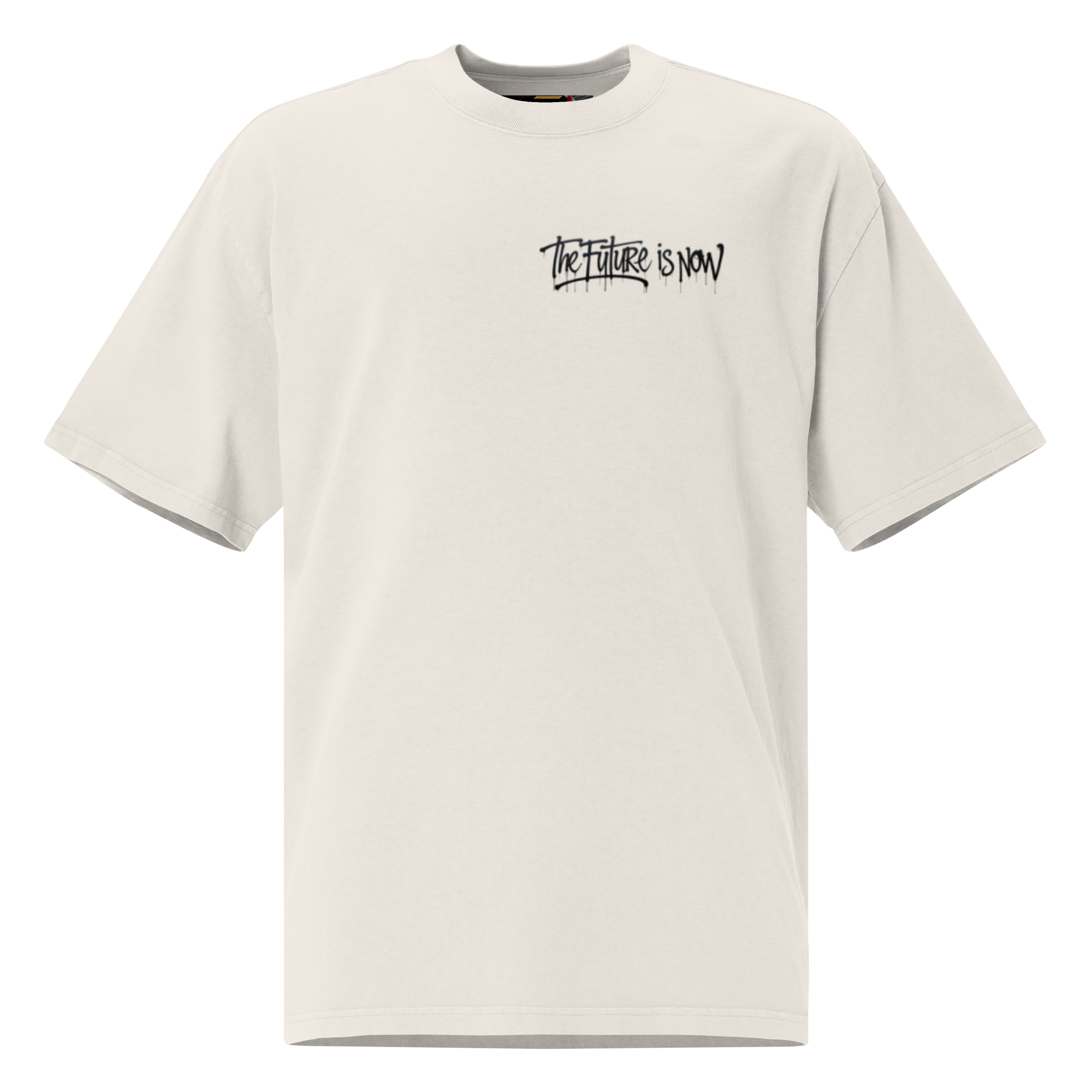 White - Beige - oversized t-shirt with bold front logo and large black-and-white backprint reading ‘THE FUTURE IS NOW’. Features close-ups of the graffiti-style typography, rear silhouette photo motif, and inner neck label. Unisex urban streetwear piece with boxy fit, dropped shoulders, and heavyweight cotton fabric.