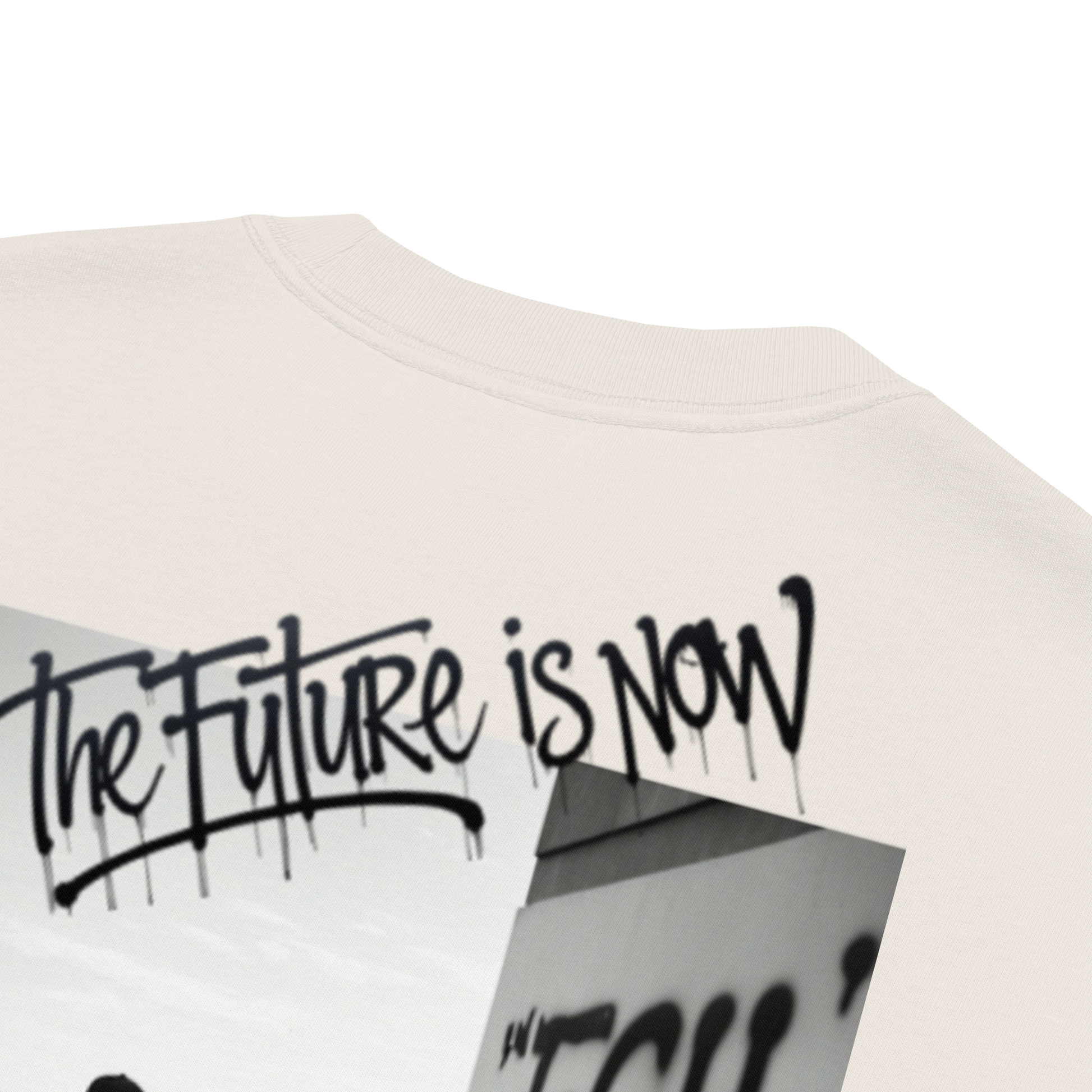 White - Beige - oversized t-shirt with bold front logo and large black-and-white backprint reading ‘THE FUTURE IS NOW’. Features close-ups of the graffiti-style typography, rear silhouette photo motif, and inner neck label. Unisex urban streetwear piece with boxy fit, dropped shoulders, and heavyweight cotton fabric.