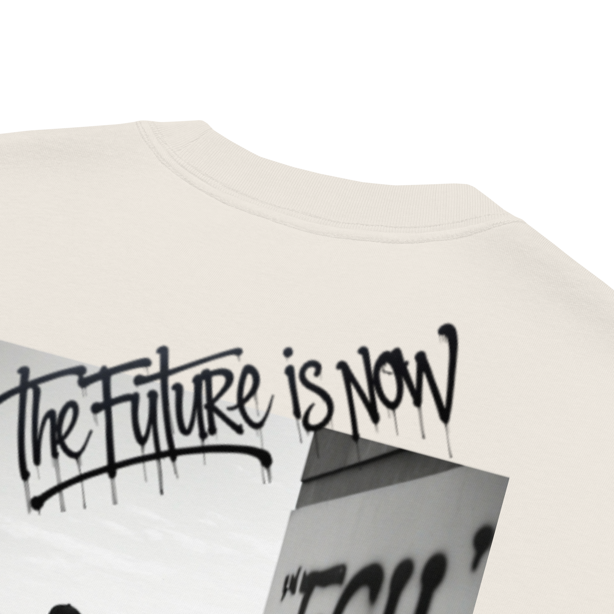 White - Beige - oversized t-shirt with bold front logo and large black-and-white backprint reading ‘THE FUTURE IS NOW’. Features close-ups of the graffiti-style typography, rear silhouette photo motif, and inner neck label. Unisex urban streetwear piece with boxy fit, dropped shoulders, and heavyweight cotton fabric.