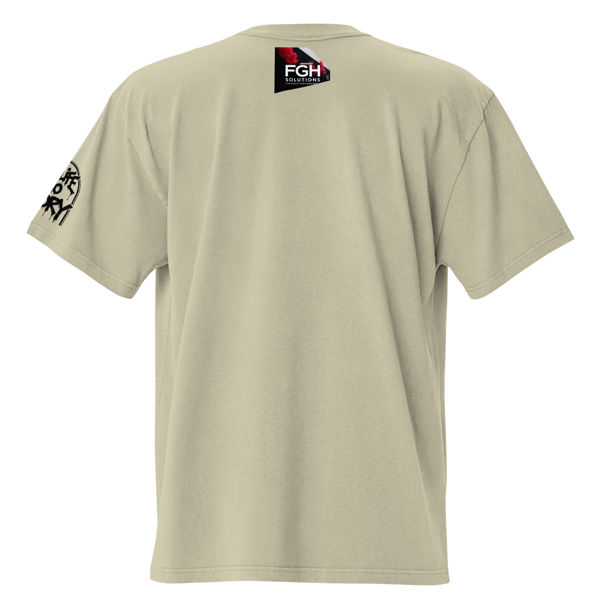 Oversized faded streetwear T-shirt with bold graffiti text “No Life No Story” printed on heavyweight cotton – urban unisex design by FGH Collective
