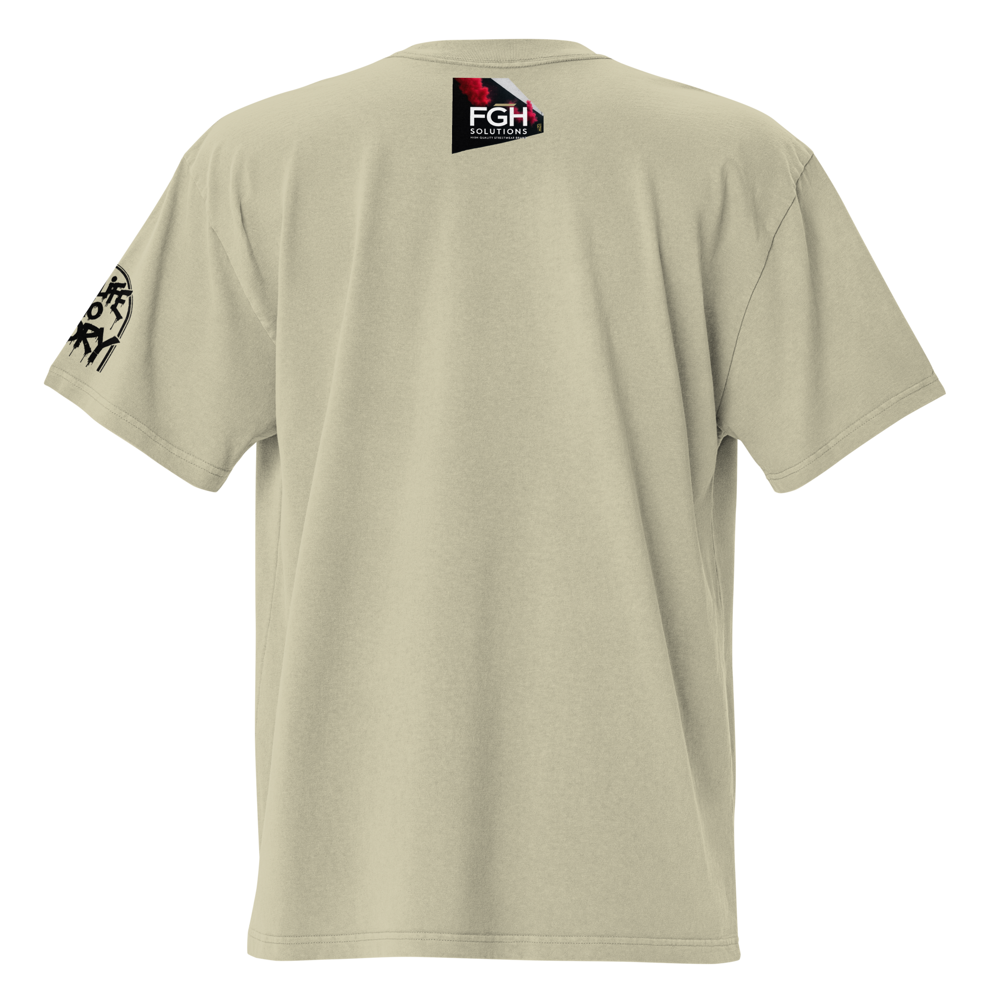 Oversized faded streetwear T-shirt with bold graffiti text “No Life No Story” printed on heavyweight cotton – urban unisex design by FGH Collective
