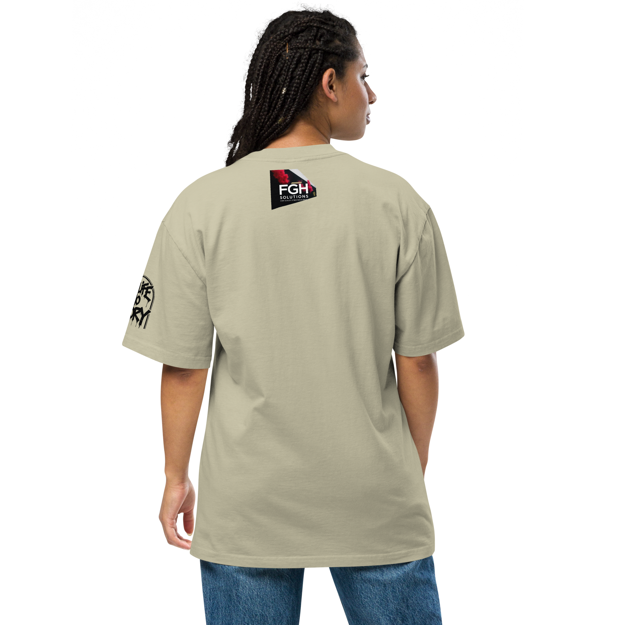 Oversized faded streetwear T-shirt with bold graffiti text “No Life No Story” printed on heavyweight cotton – urban unisex design by FGH Collective
