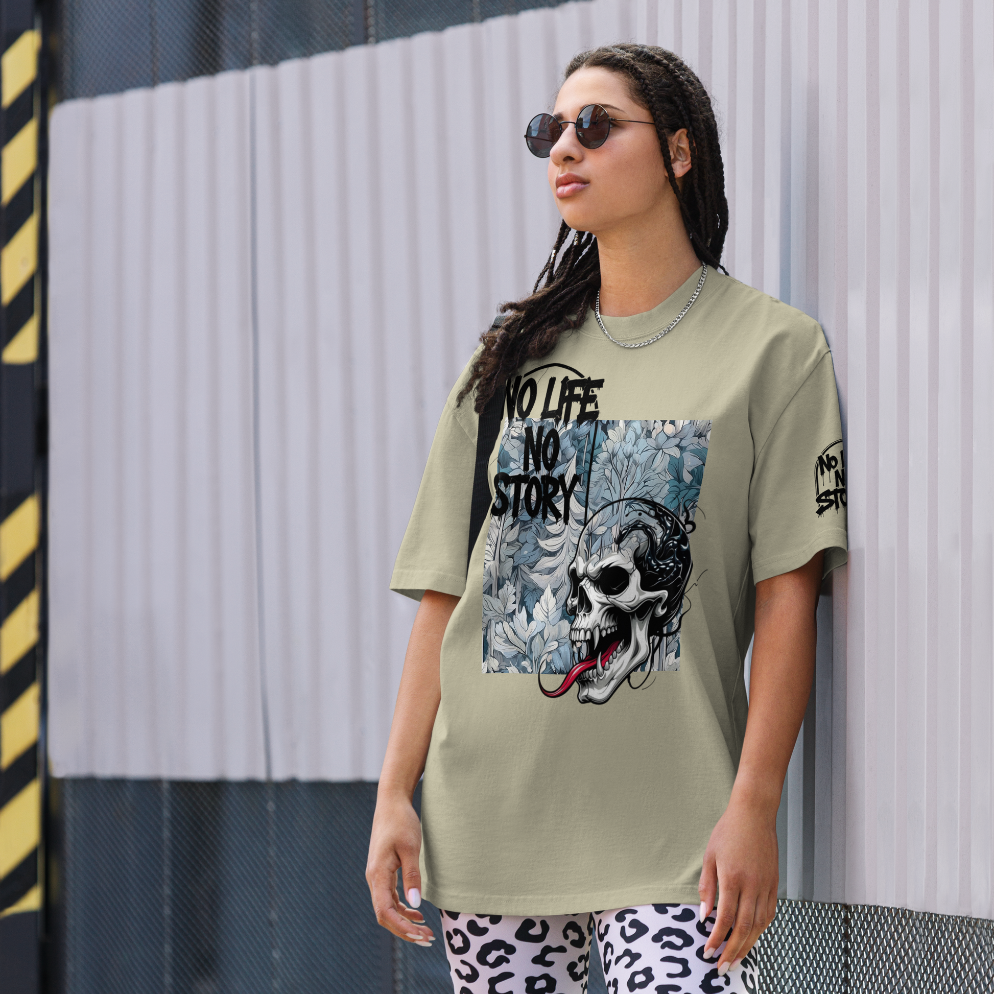 Oversized faded streetwear T-shirt with bold graffiti text “No Life No Story” printed on heavyweight cotton – urban unisex design by FGH Collective
