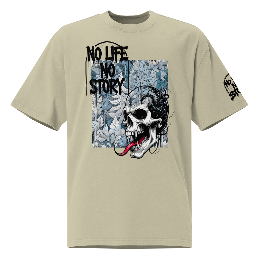 Oversized faded streetwear T-shirt with bold graffiti text “No Life No Story” printed on heavyweight cotton – urban unisex design by FGH Collective
