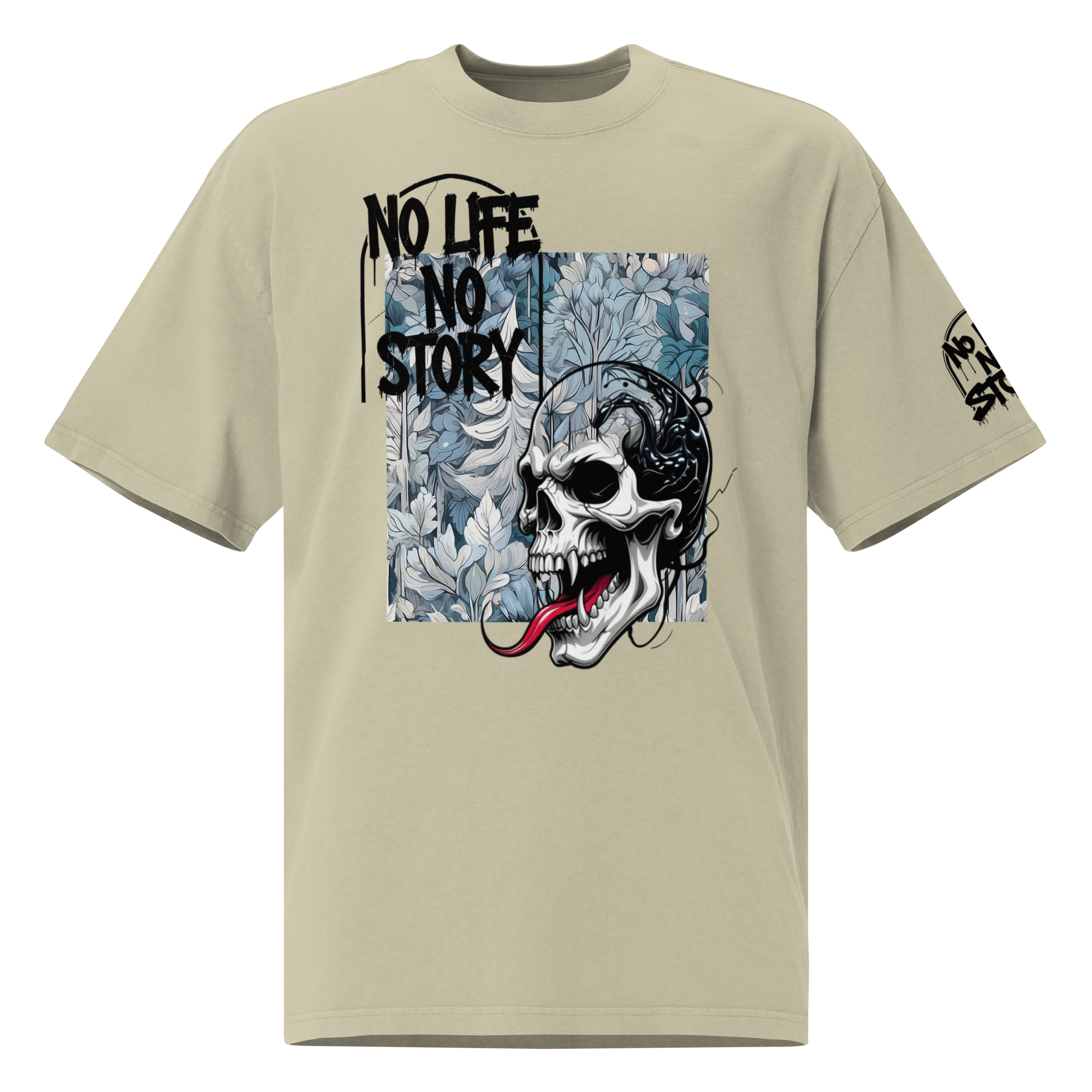 Oversized faded streetwear T-shirt with bold graffiti text “No Life No Story” printed on heavyweight cotton – urban unisex design by FGH Collective
