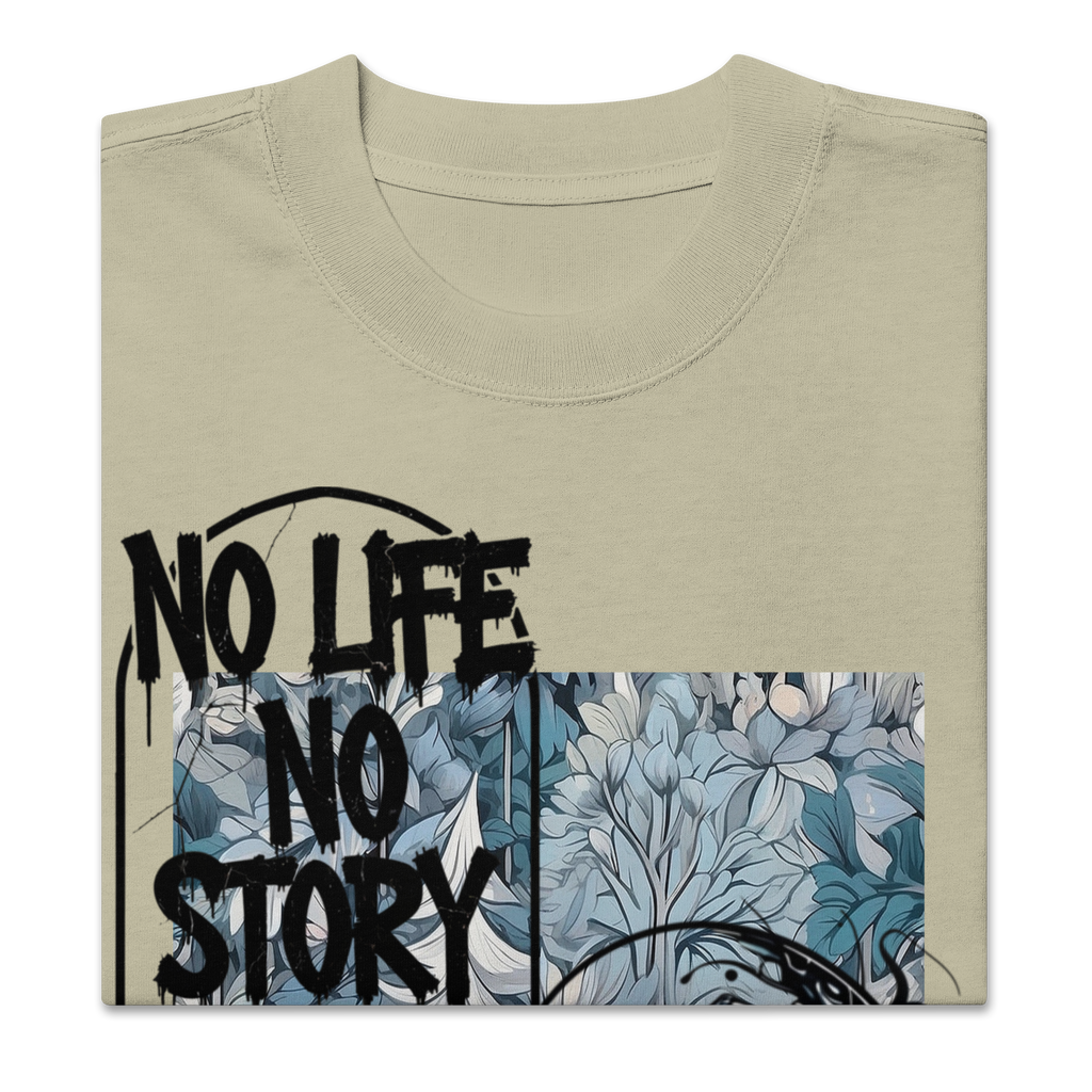 Oversized faded streetwear T-shirt with bold graffiti text “No Life No Story” printed on heavyweight cotton – urban unisex design by FGH Collective
