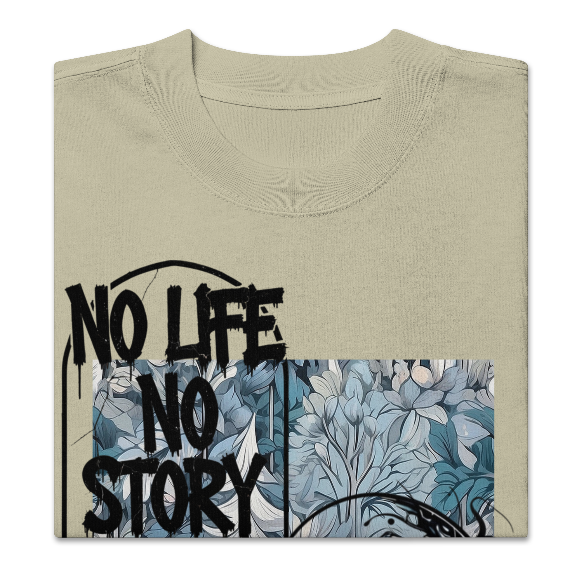 Oversized faded streetwear T-shirt with bold graffiti text “No Life No Story” printed on heavyweight cotton – urban unisex design by FGH Collective
