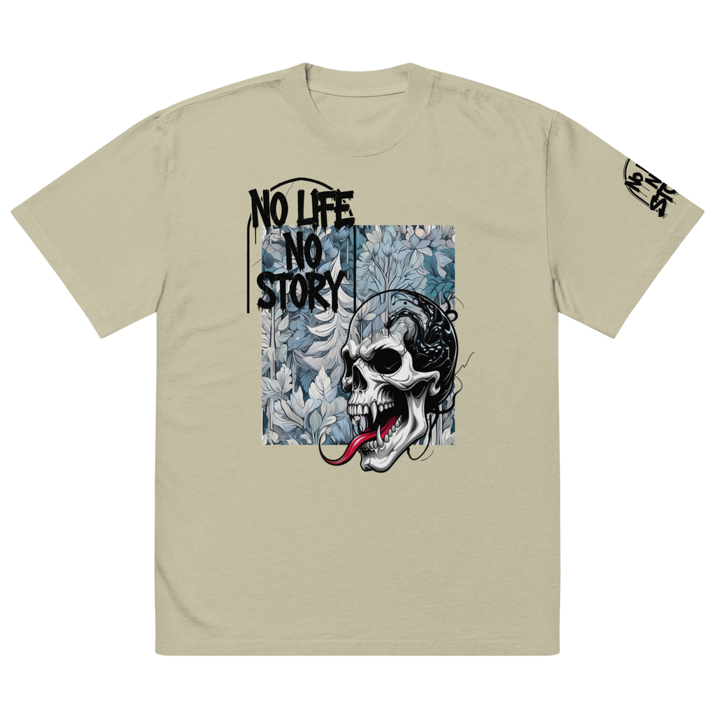 Oversized faded streetwear T-shirt with bold graffiti text “No Life No Story” printed on heavyweight cotton – urban unisex design by FGH Collective

