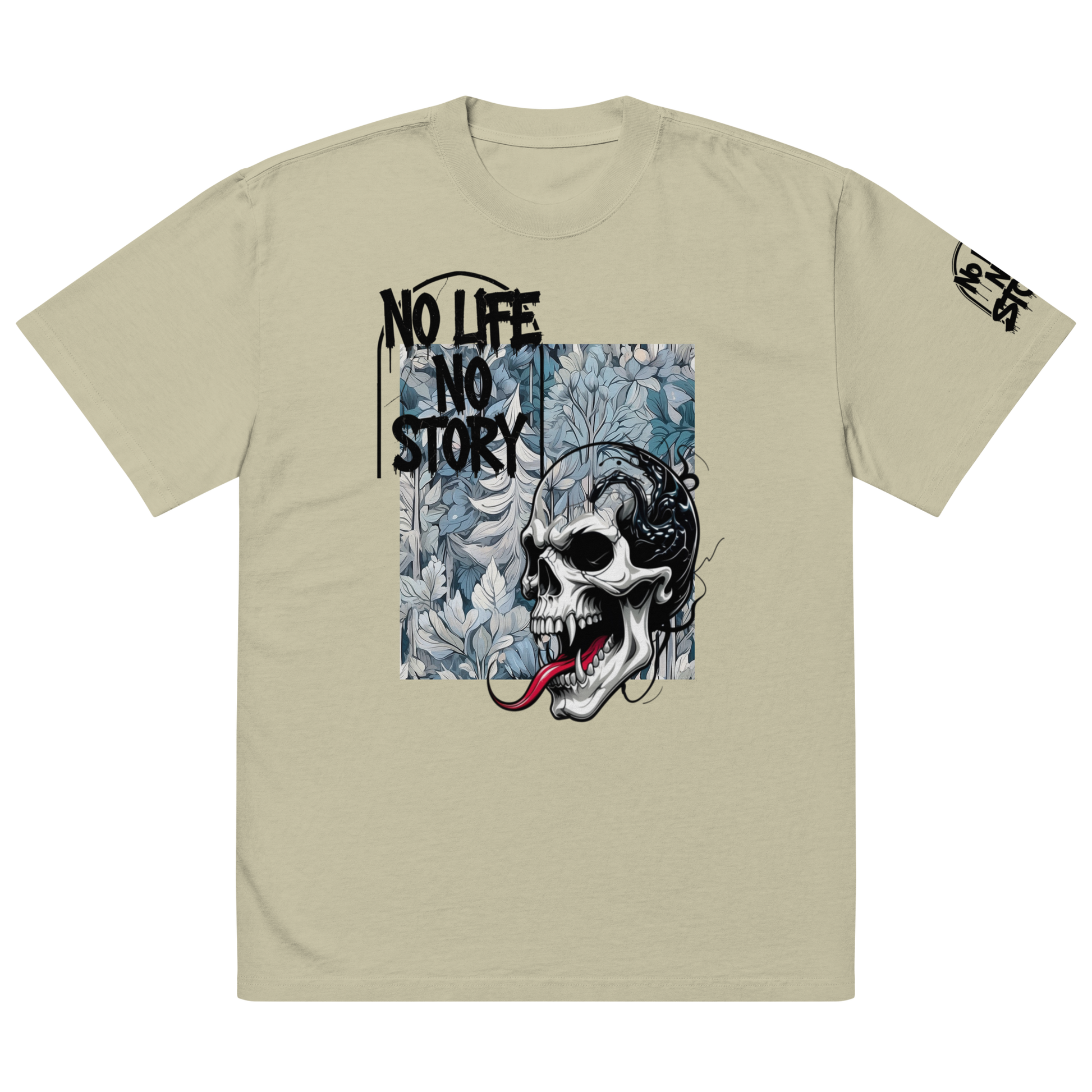 Oversized faded streetwear T-shirt with bold graffiti text “No Life No Story” printed on heavyweight cotton – urban unisex design by FGH Collective
