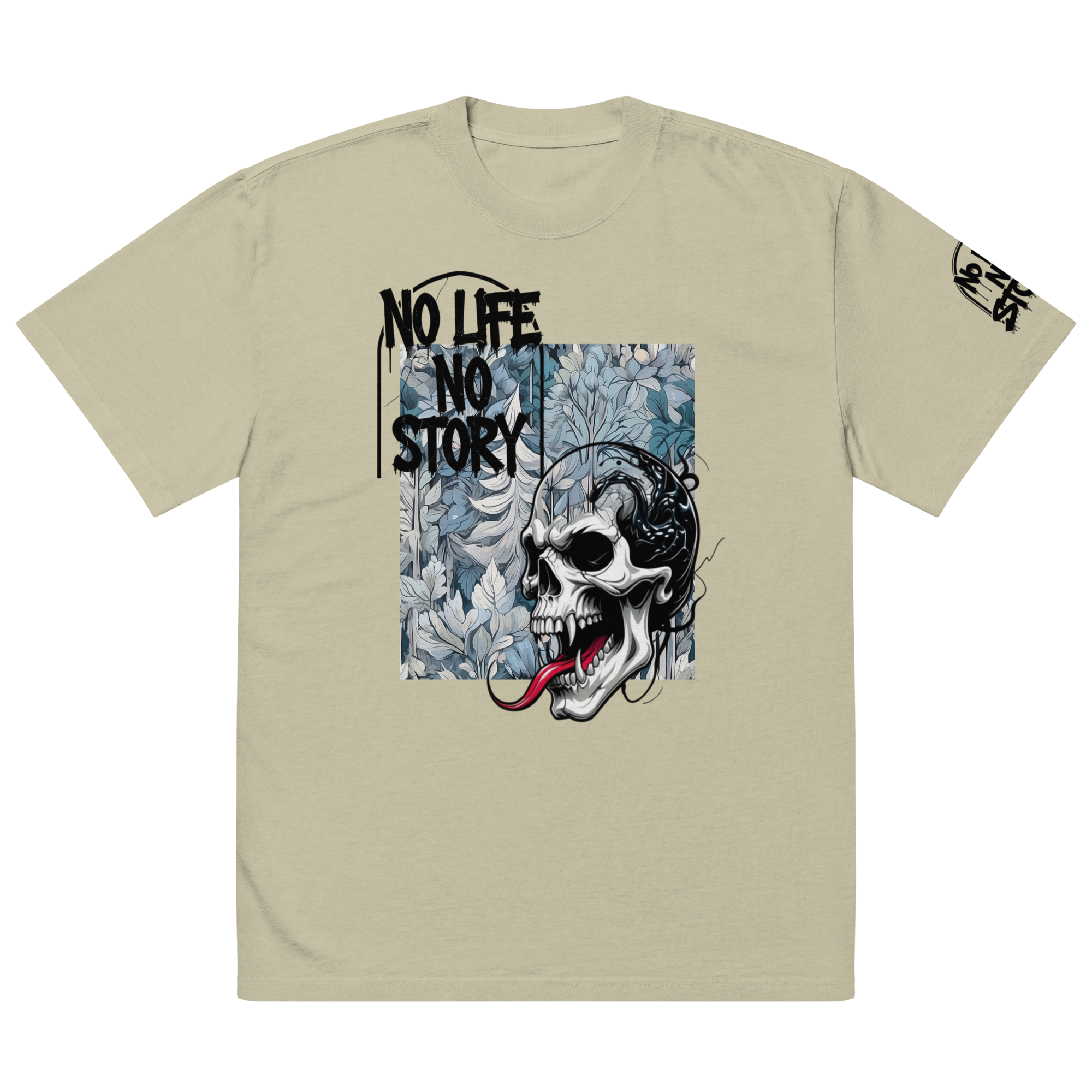 Oversized faded streetwear T-shirt with bold graffiti text “No Life No Story” printed on heavyweight cotton – urban unisex design by FGH Collective
