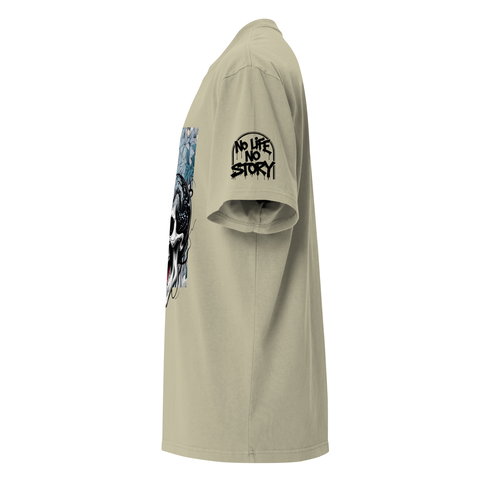 Oversized faded streetwear T-shirt with bold graffiti text “No Life No Story” printed on heavyweight cotton – urban unisex design by FGH Collective
