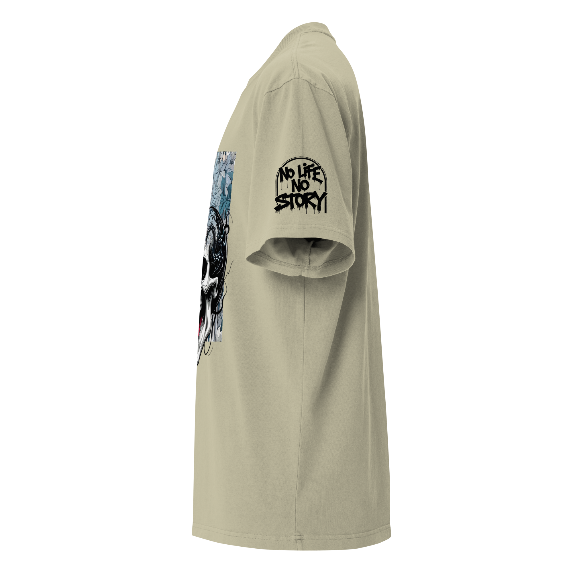 Oversized faded streetwear T-shirt with bold graffiti text “No Life No Story” printed on heavyweight cotton – urban unisex design by FGH Collective
