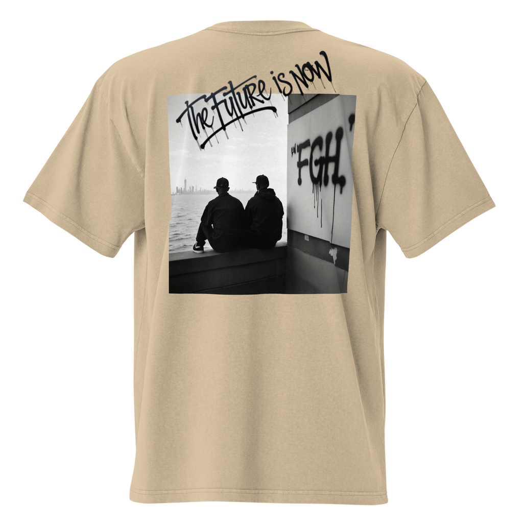 Two men in oversized faded t-shirts sitting by the waterfront, with bold FGH graffiti and a city skyline in the background – urban streetwear aesthetic.
