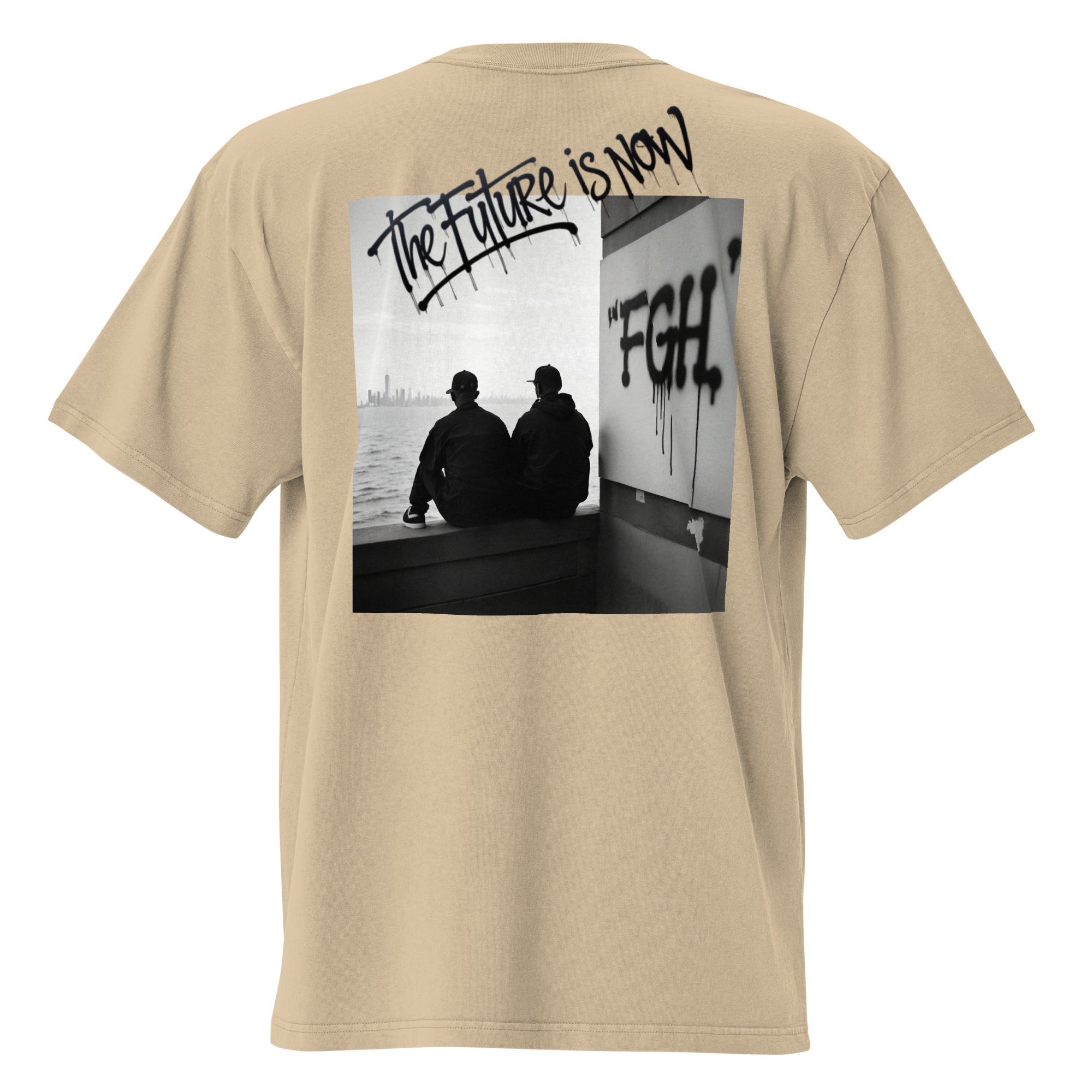 Two men in oversized faded t-shirts sitting by the waterfront, with bold FGH graffiti and a city skyline in the background – urban streetwear aesthetic.
