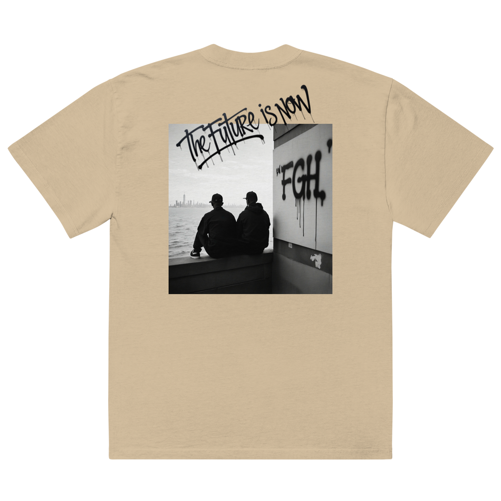 Two men in oversized faded t-shirts sitting by the waterfront, with bold FGH graffiti and a city skyline in the background – urban streetwear aesthetic.