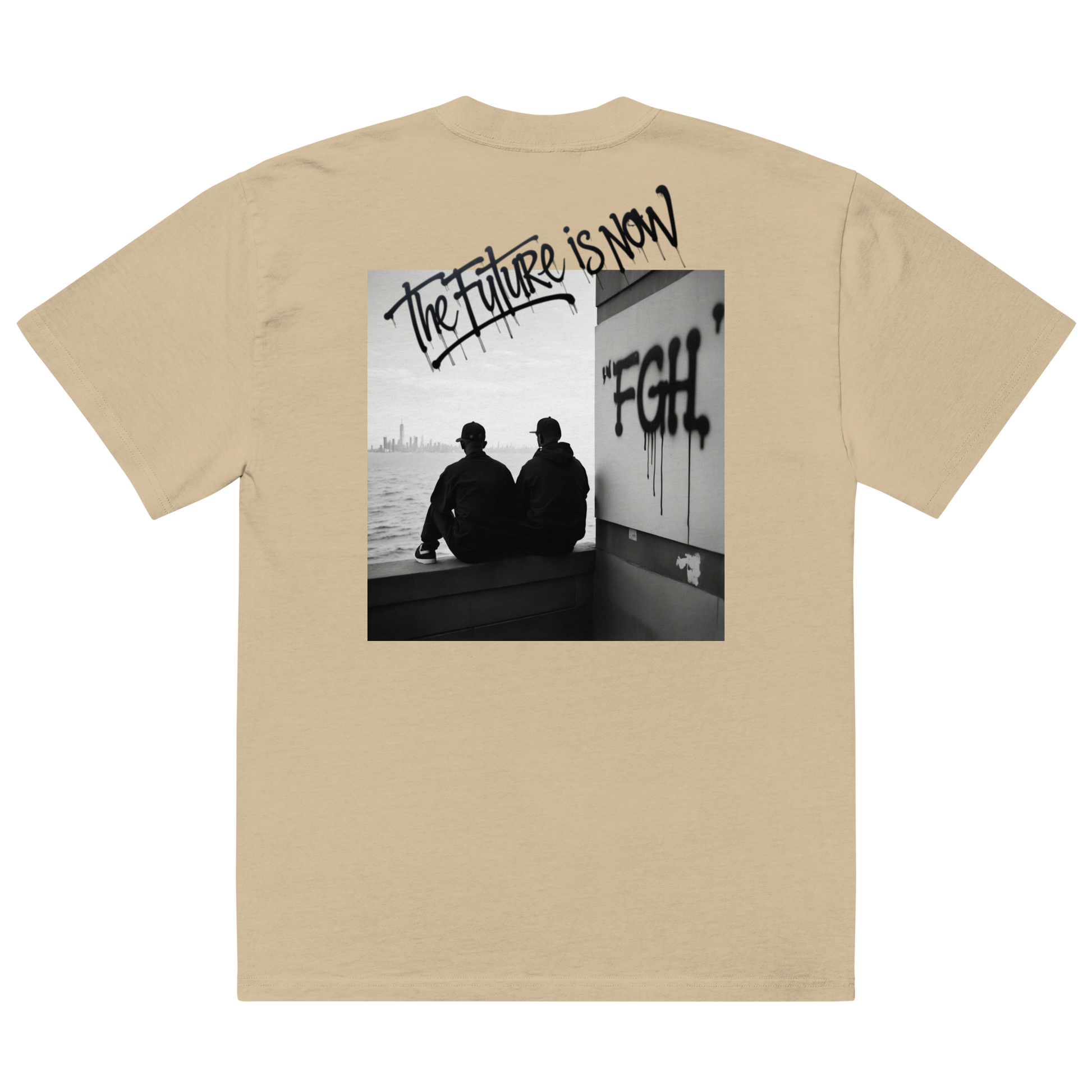 Two men in oversized faded t-shirts sitting by the waterfront, with bold FGH graffiti and a city skyline in the background – urban streetwear aesthetic.