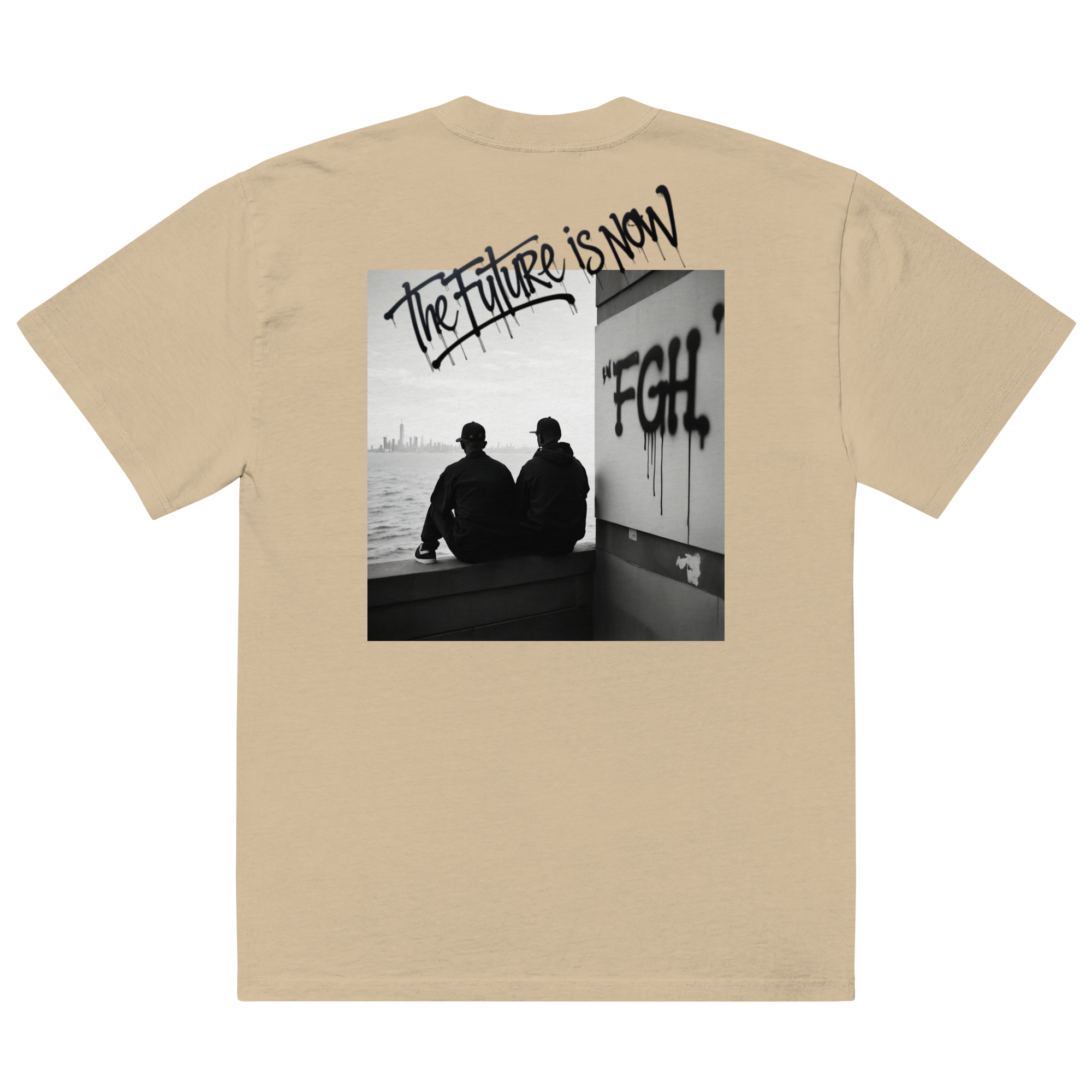 Two men in oversized faded t-shirts sitting by the waterfront, with bold FGH graffiti and a city skyline in the background – urban streetwear aesthetic.