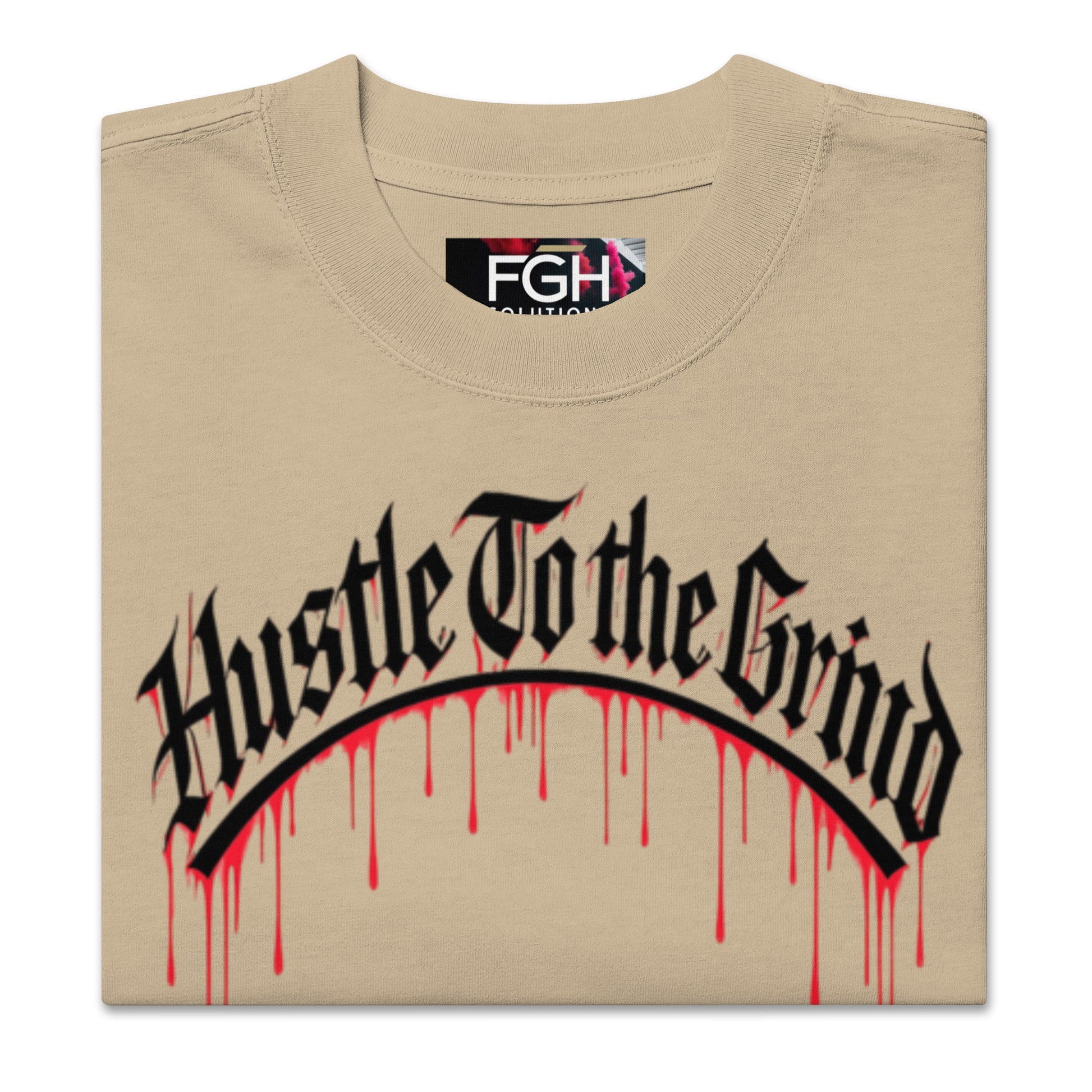 Oversized unisex T-shirt in faded bone color, featuring “Hustle to the Grind” streetwear graphic.