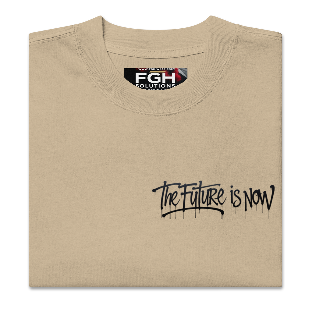 Two men in oversized faded t-shirts sitting by the waterfront, with bold FGH graffiti and a city skyline in the background – urban streetwear aesthetic.